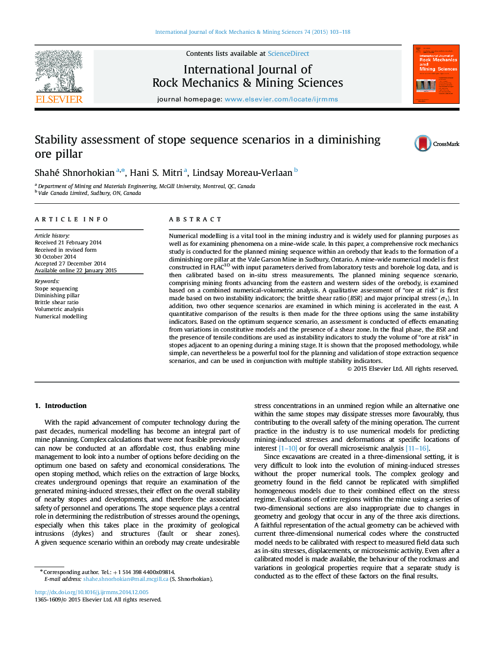 Stability assessment of stope sequence scenarios in a diminishing ore pillar