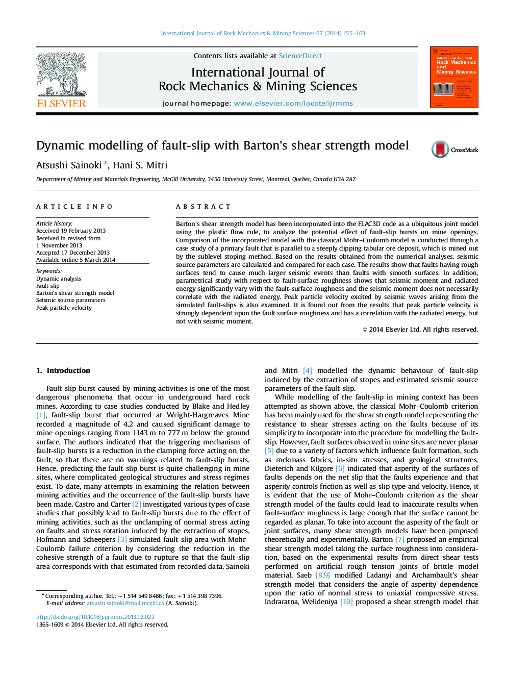 Dynamic modelling of fault-slip with Barton׳s shear strength model