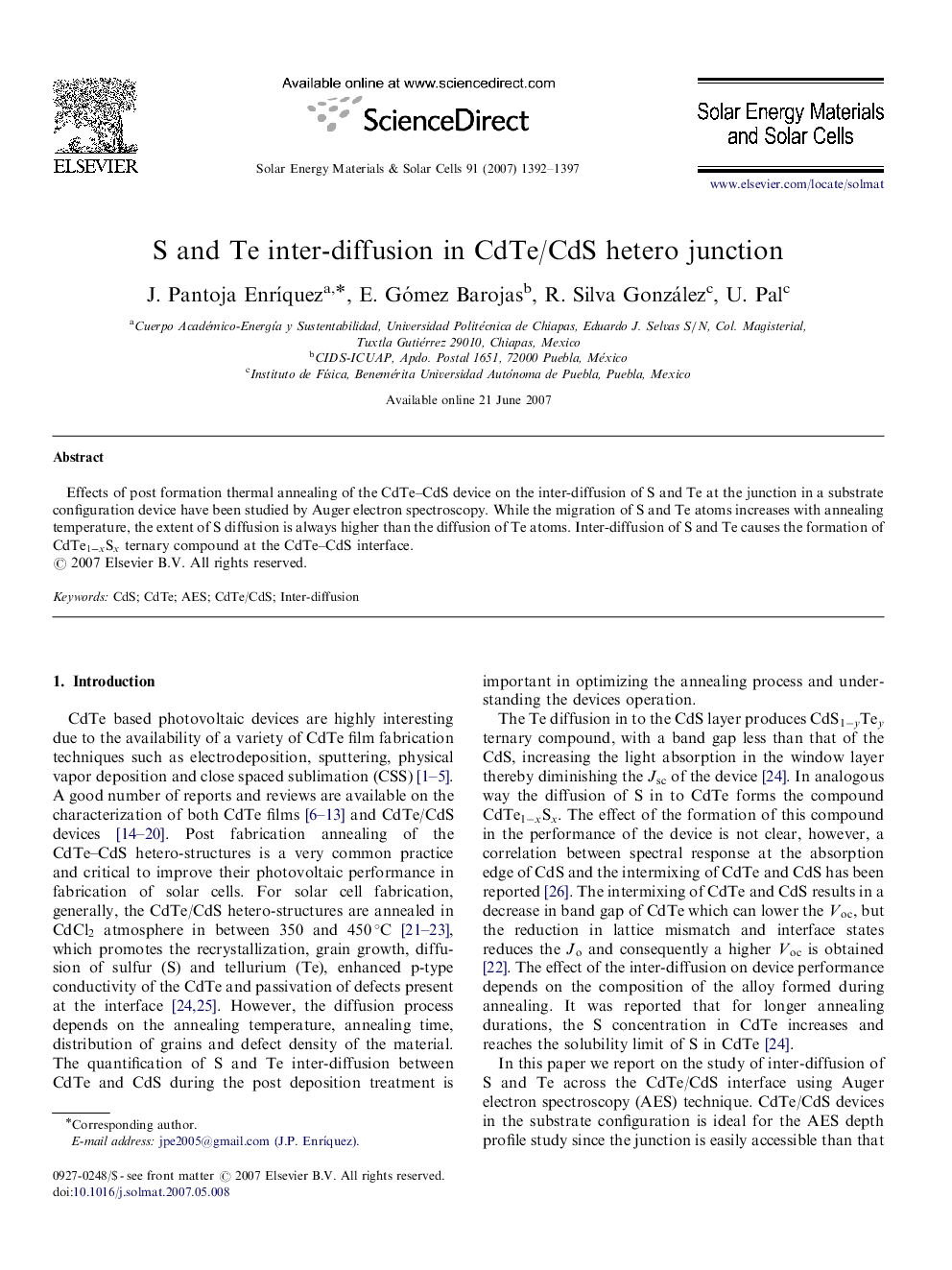 S and Te inter-diffusion in CdTe/CdS hetero junction