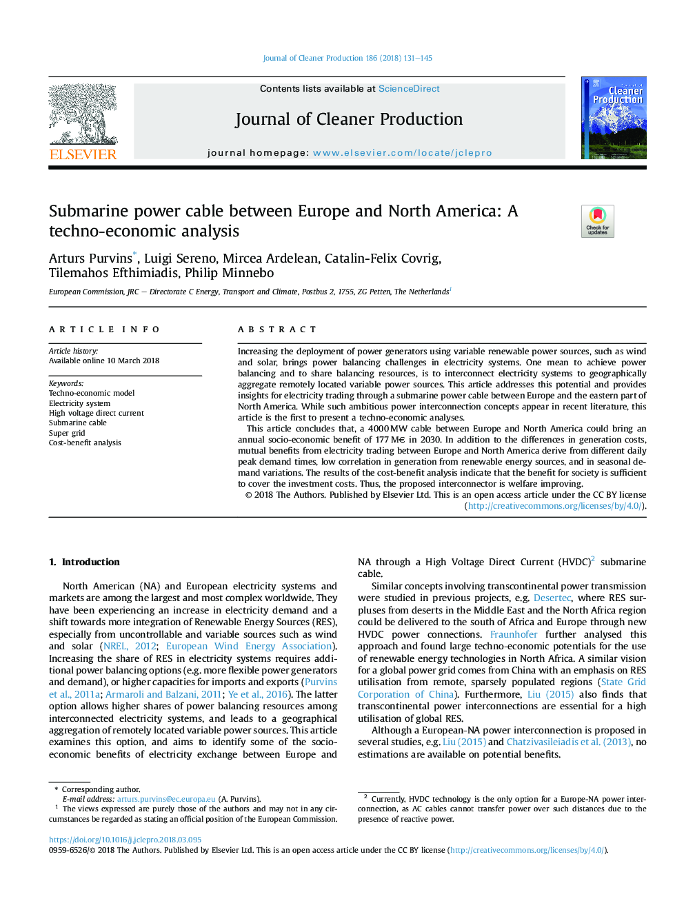 Submarine power cable between Europe and North America: A techno-economic analysis