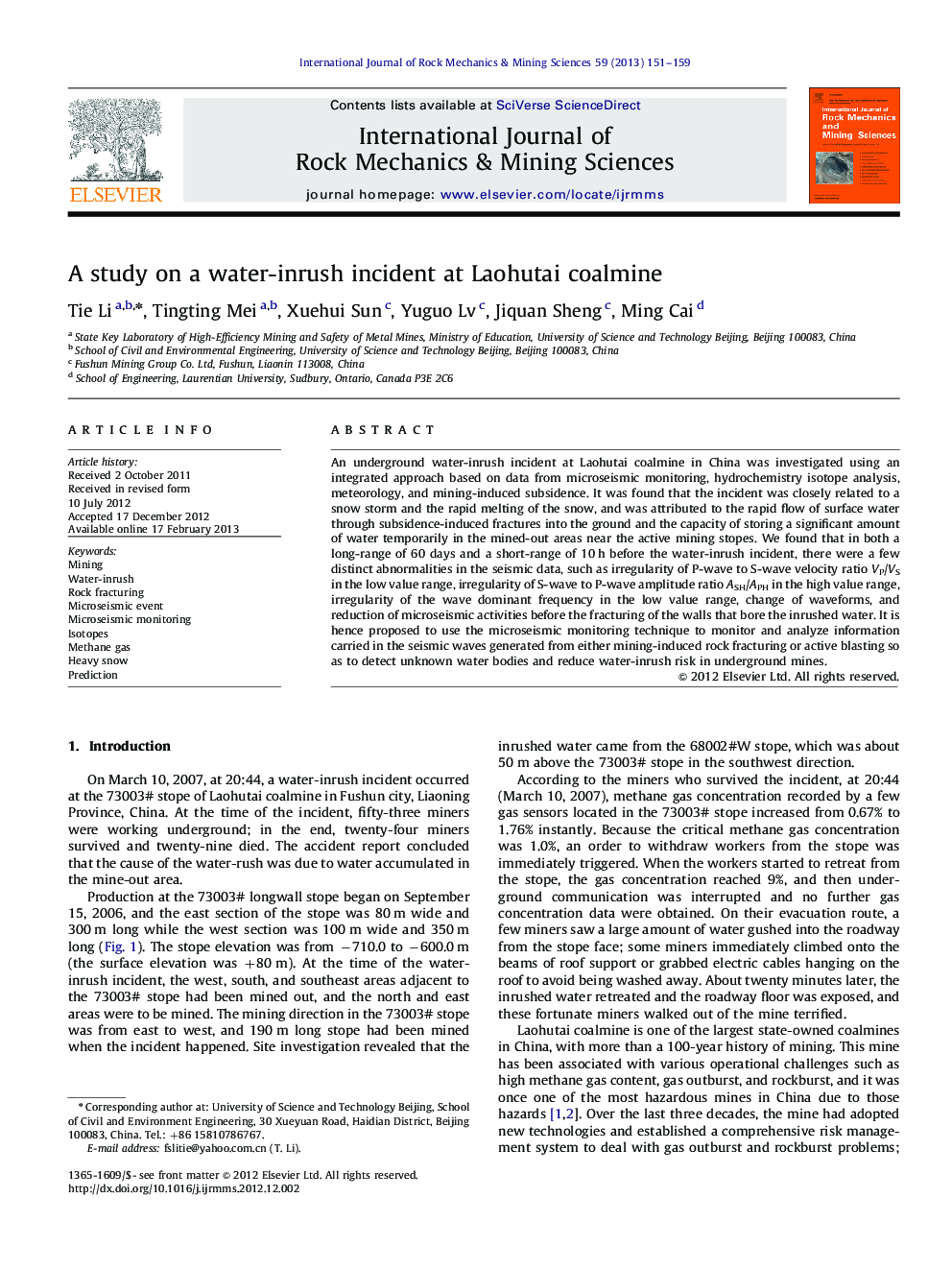 A study on a water-inrush incident at Laohutai coalmine