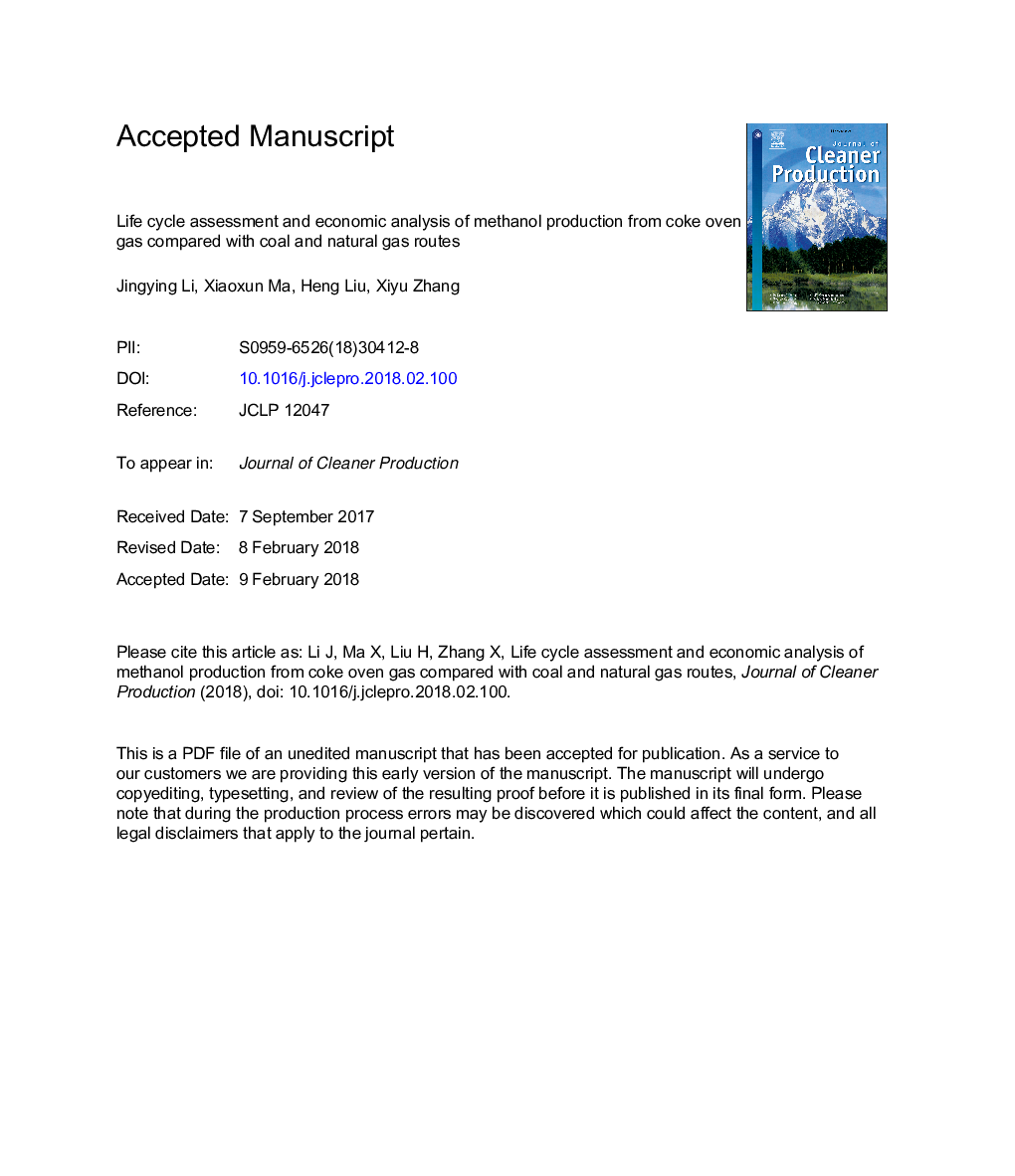 Life cycle assessment and economic analysis of methanol production from coke oven gas compared with coal and natural gas routes