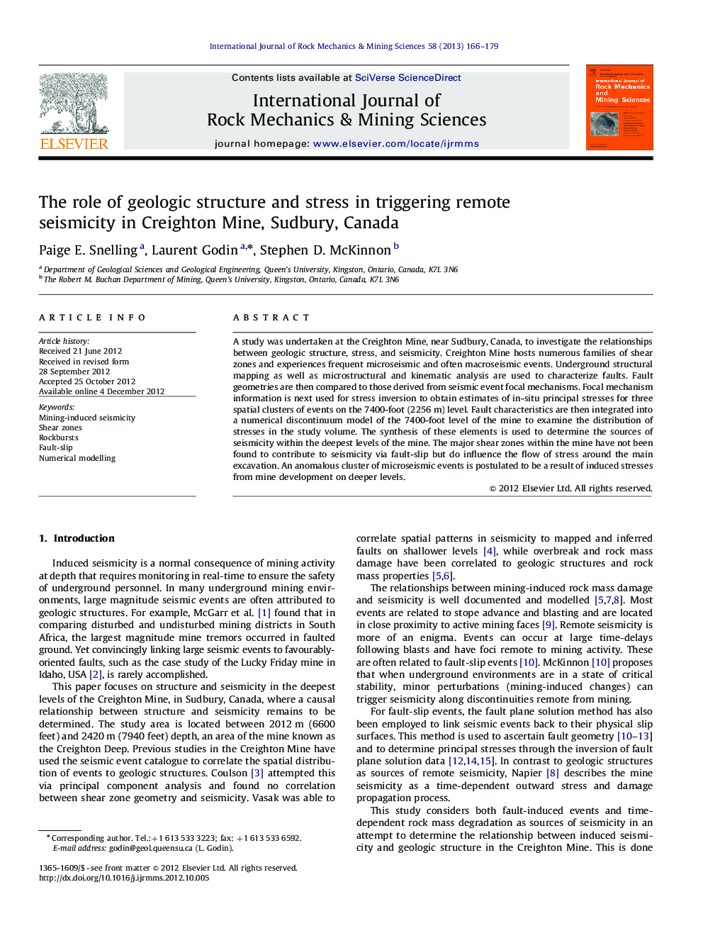 The role of geologic structure and stress in triggering remote seismicity in Creighton Mine, Sudbury, Canada