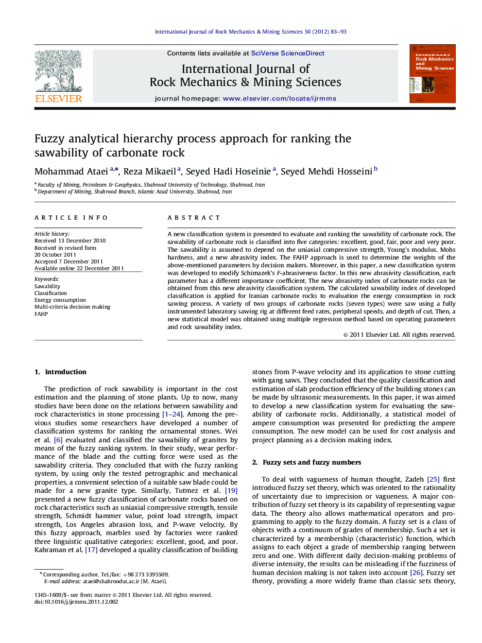 Fuzzy analytical hierarchy process approach for ranking the sawability of carbonate rock