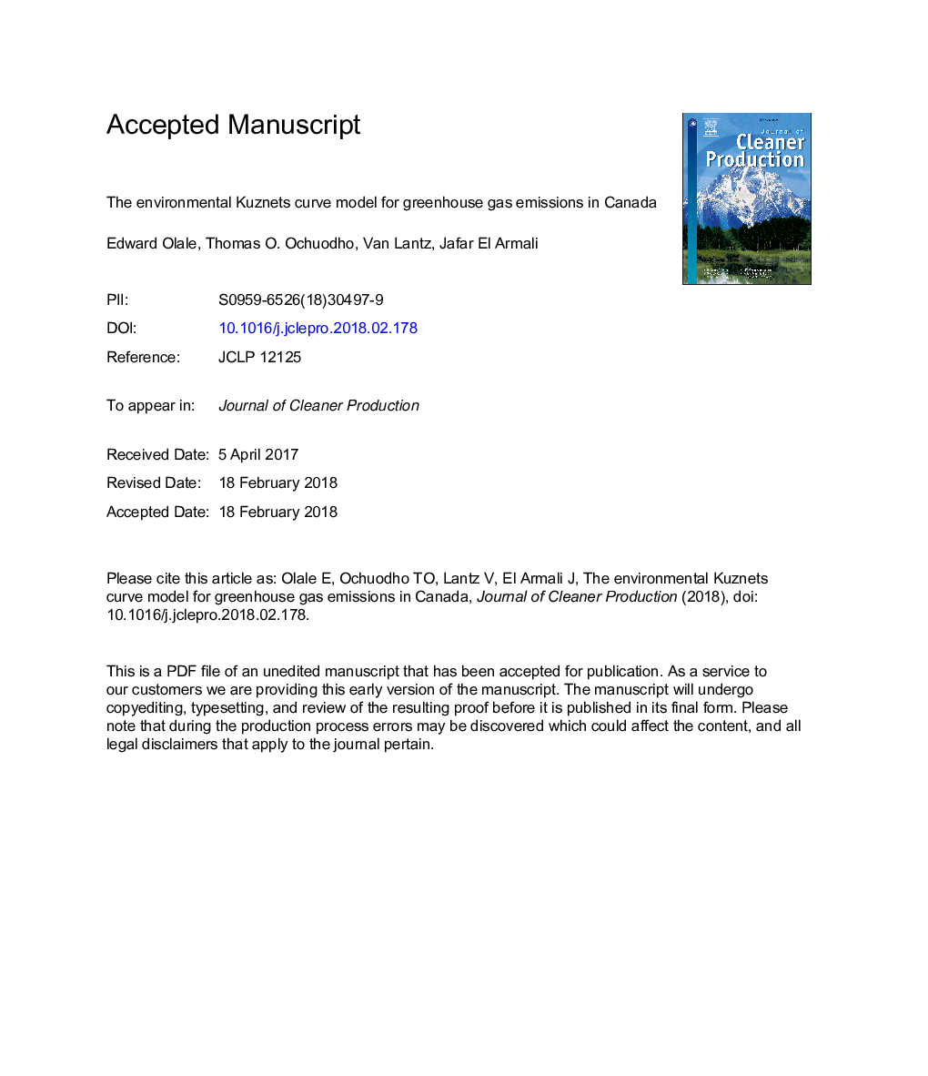 The environmental Kuznets curve model for greenhouse gas emissions in Canada