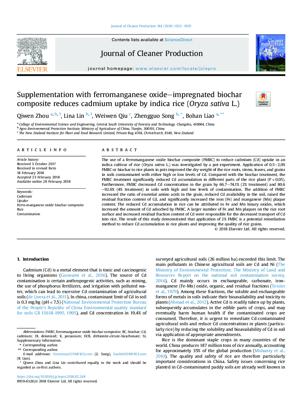 Supplementation with ferromanganese oxide-impregnated biochar composite reduces cadmium uptake by indica rice (Oryza sativa L.)