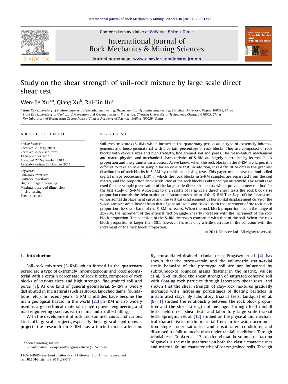 Study on the shear strength of soil–rock mixture by large scale direct shear test