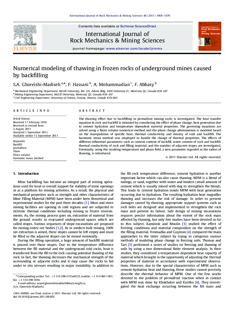 Numerical modeling of thawing in frozen rocks of underground mines caused by backfilling