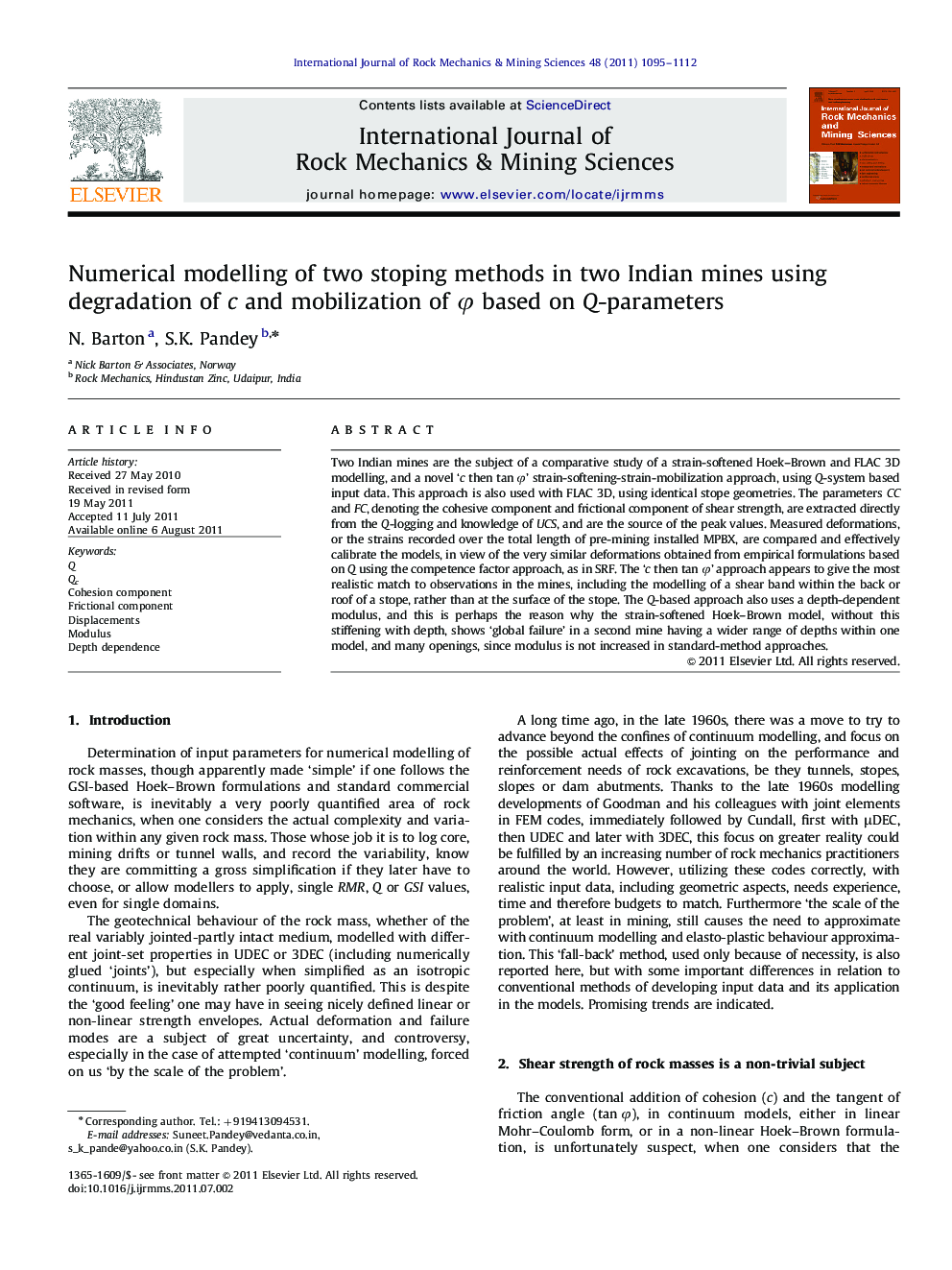 Numerical modelling of two stoping methods in two Indian mines using degradation of c and mobilization of φ based on Q-parameters