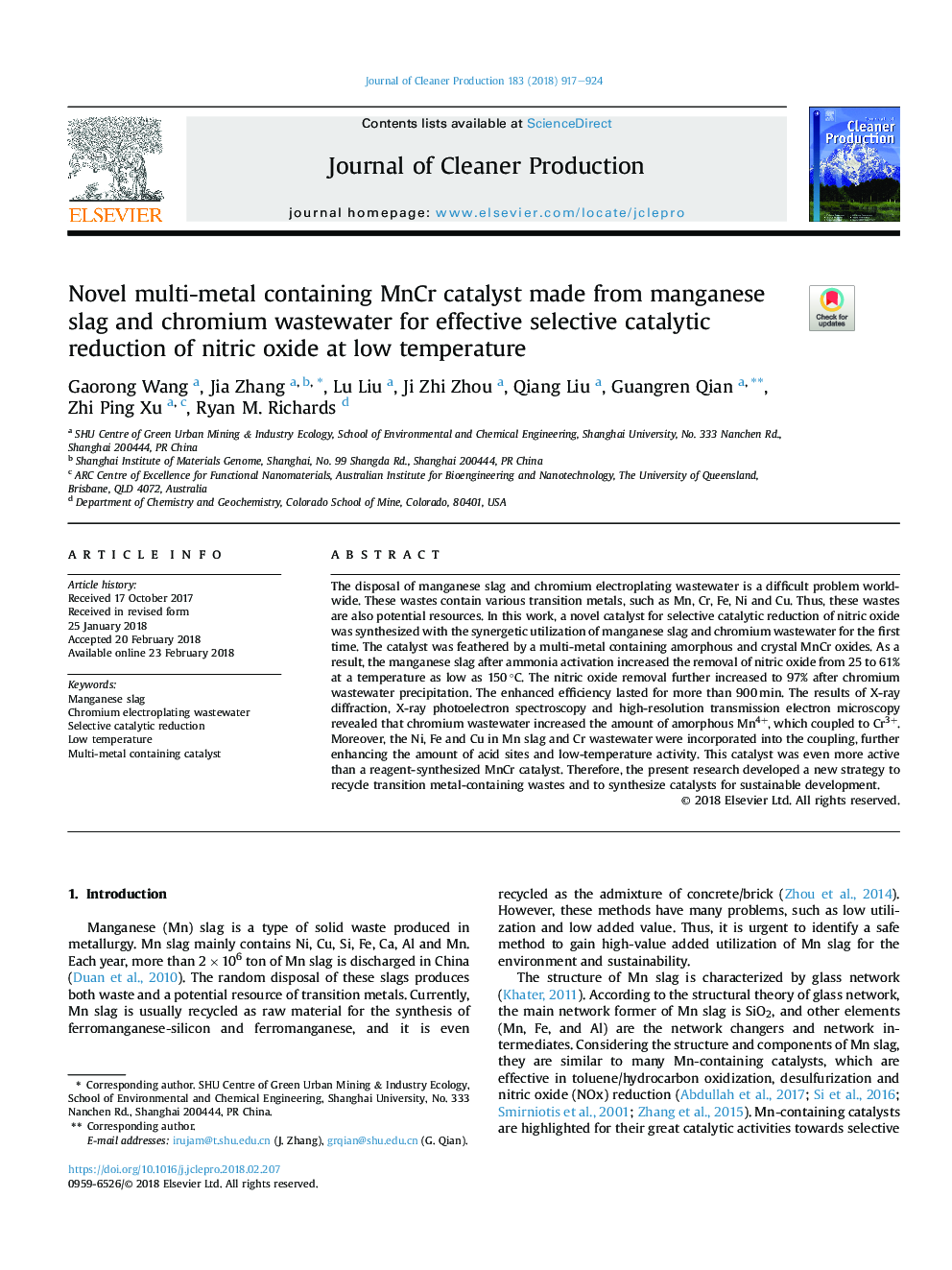 Novel multi-metal containing MnCr catalyst made from manganese slag and chromium wastewater for effective selective catalytic reduction of nitric oxide at low temperature