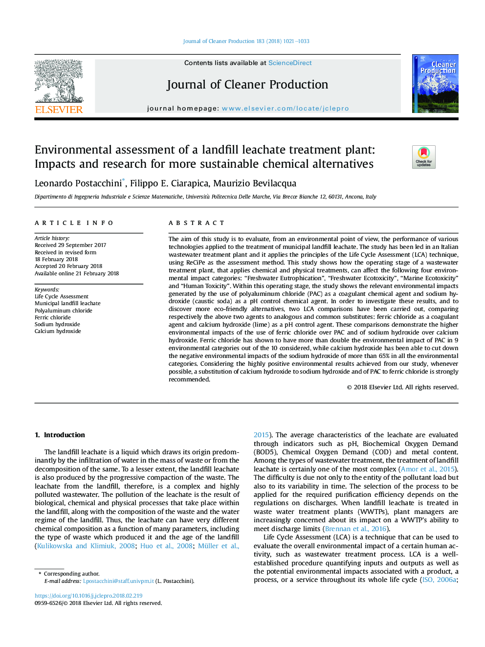 Environmental assessment of a landfill leachate treatment plant: Impacts and research for more sustainable chemical alternatives