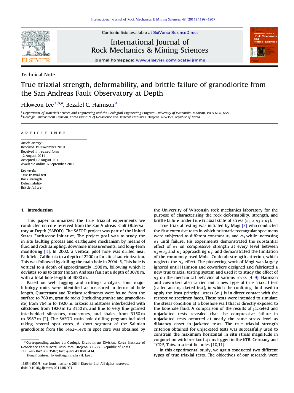 True triaxial strength, deformability, and brittle failure of granodiorite from the San Andreas Fault Observatory at Depth