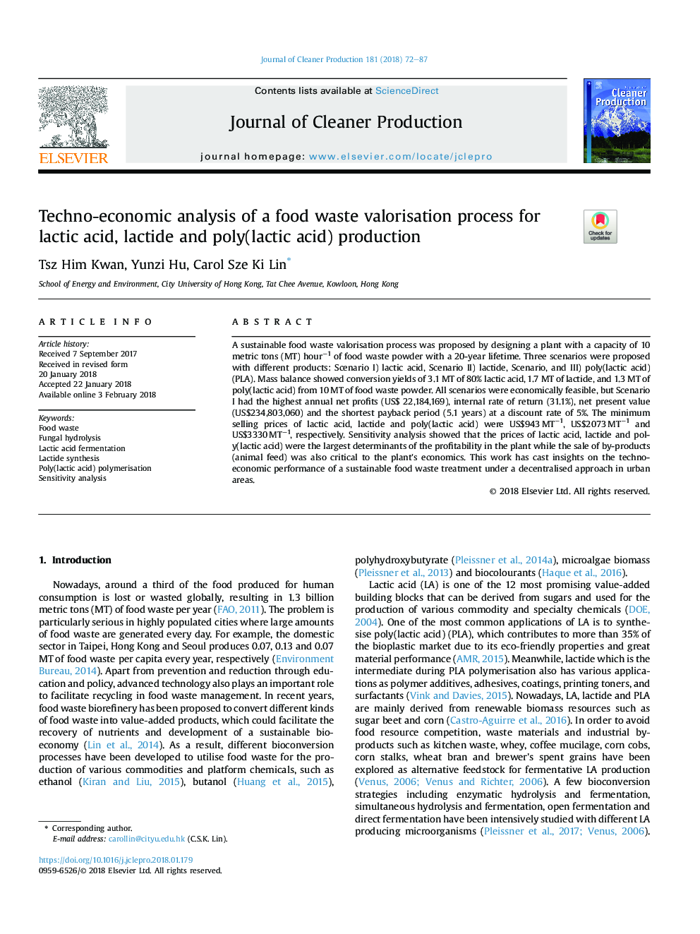 Techno-economic analysis of a food waste valorisation process for lactic acid, lactide and poly(lactic acid) production