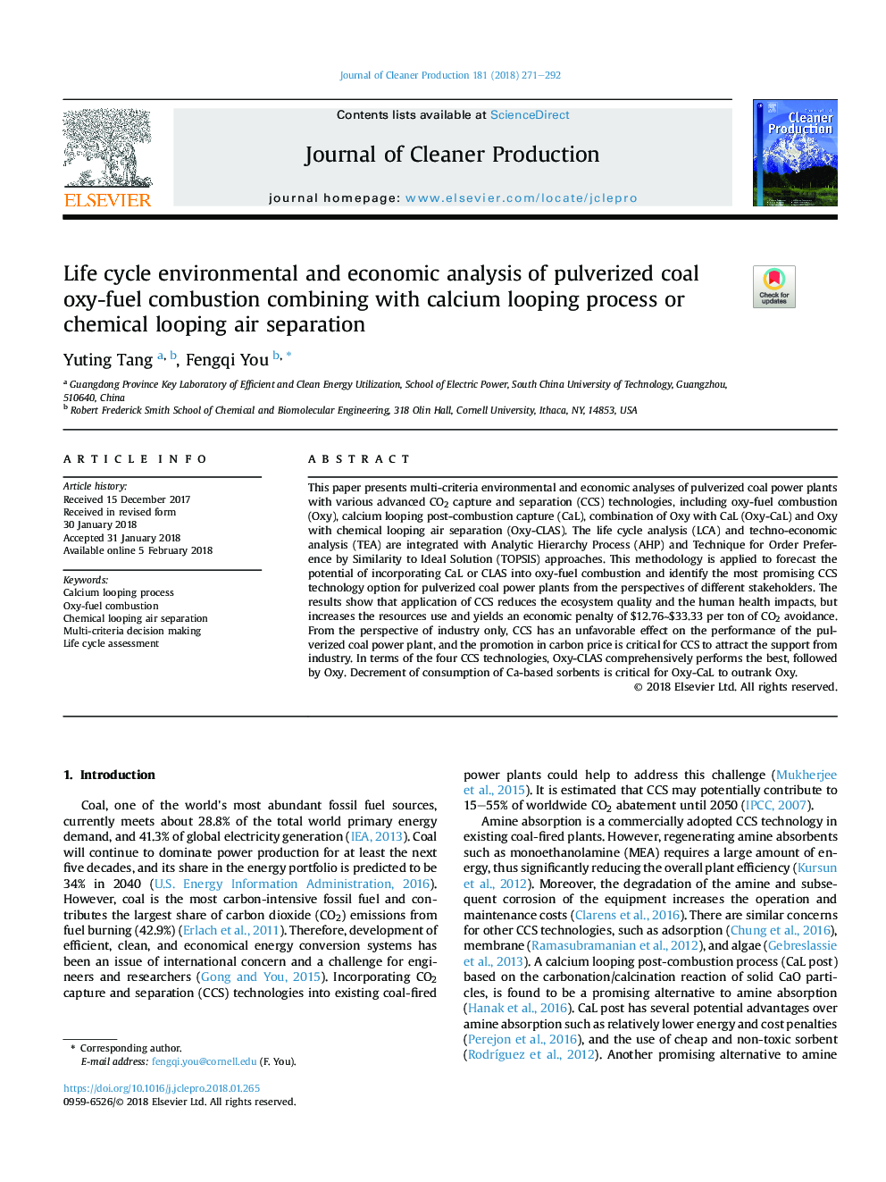 Life cycle environmental and economic analysis of pulverized coal oxy-fuel combustion combining with calcium looping process or chemical looping air separation