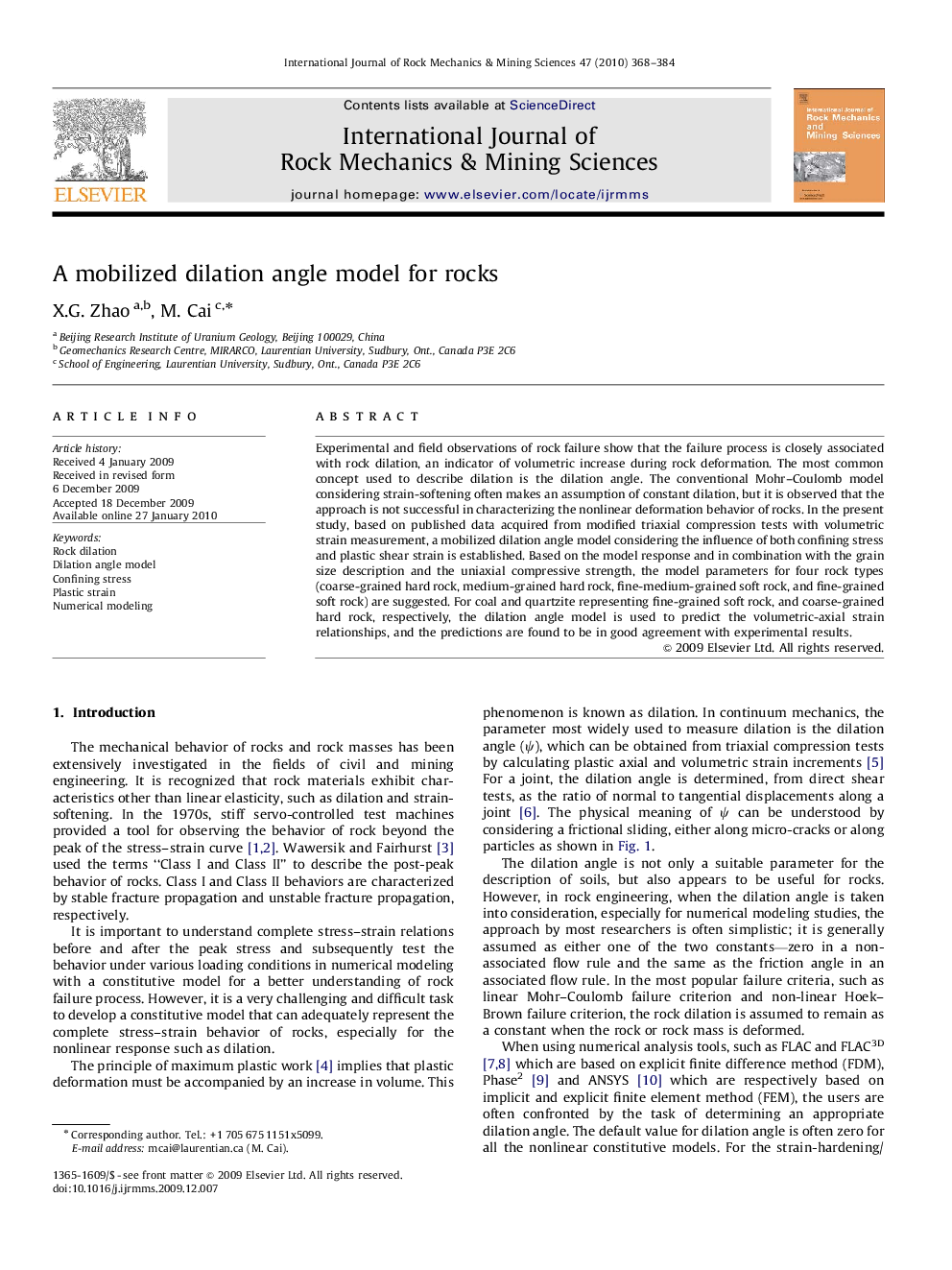 A mobilized dilation angle model for rocks