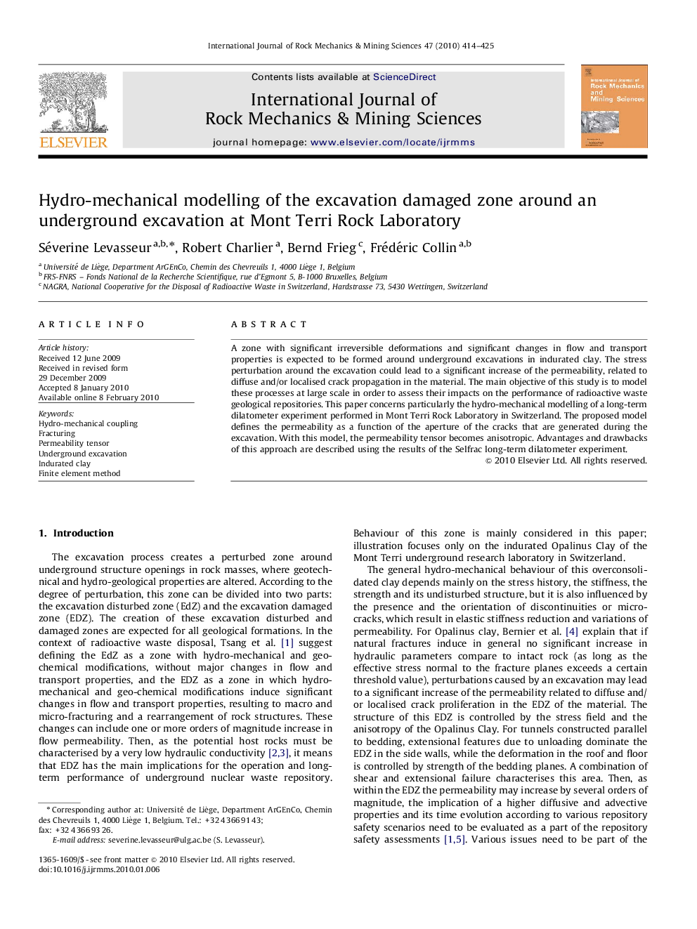 Hydro-mechanical modelling of the excavation damaged zone around an underground excavation at Mont Terri Rock Laboratory