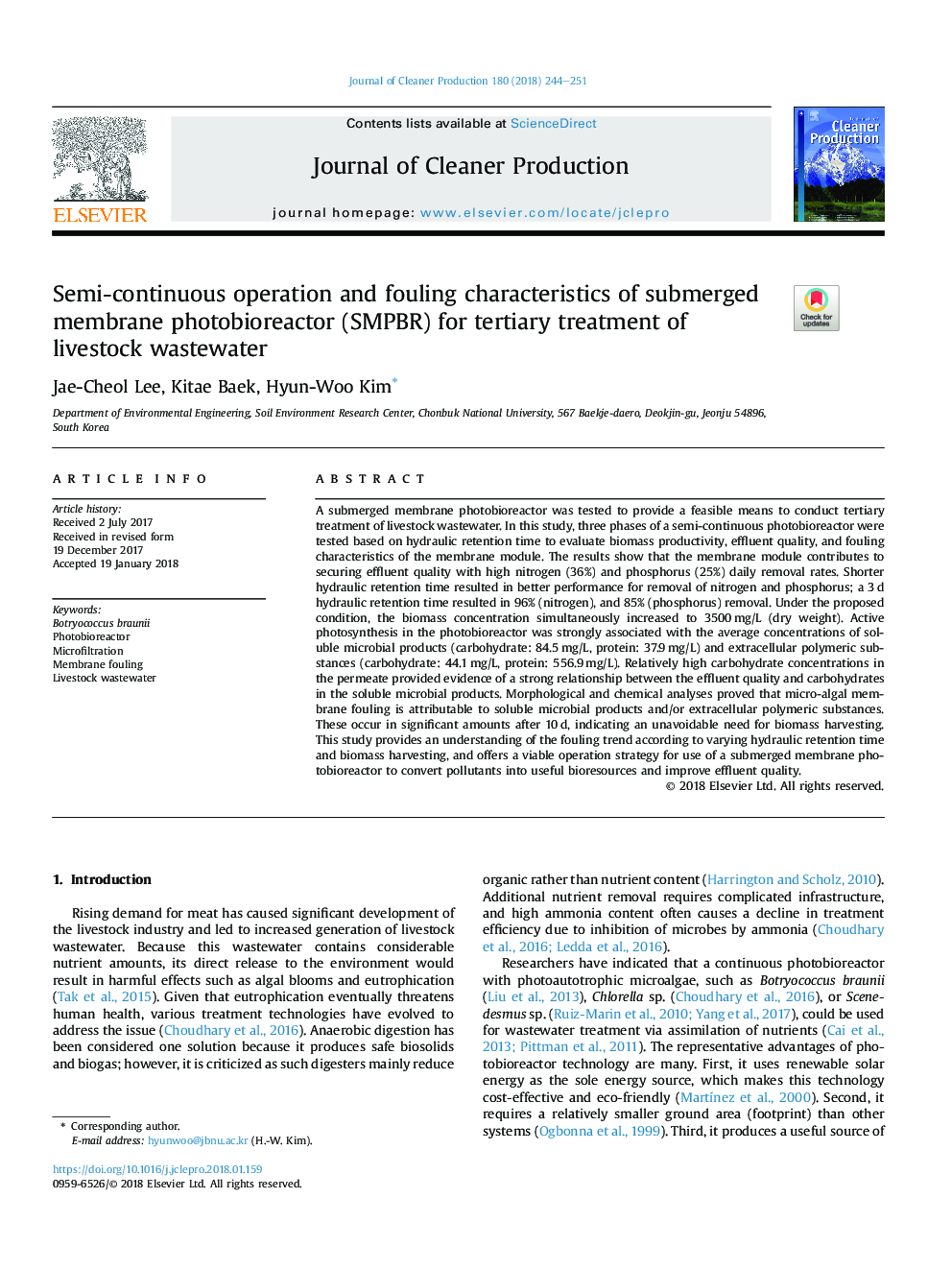 Semi-continuous operation and fouling characteristics of submerged membrane photobioreactor (SMPBR) for tertiary treatment of livestock wastewater