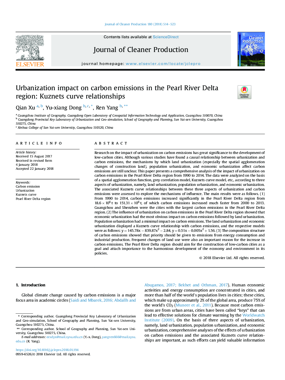 Urbanization impact on carbon emissions in the Pearl River Delta region: Kuznets curve relationships