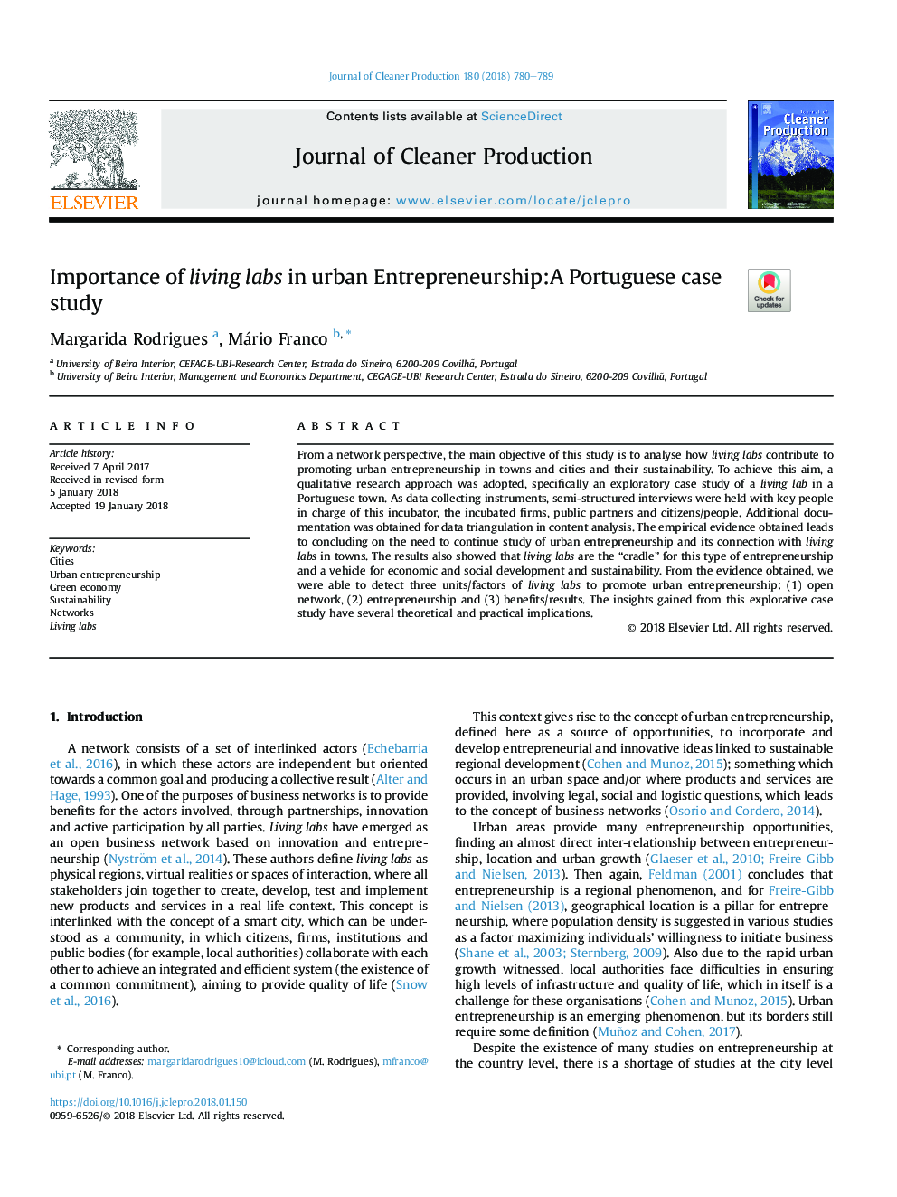 Importance of living labs in urban Entrepreneurship:A Portuguese case study