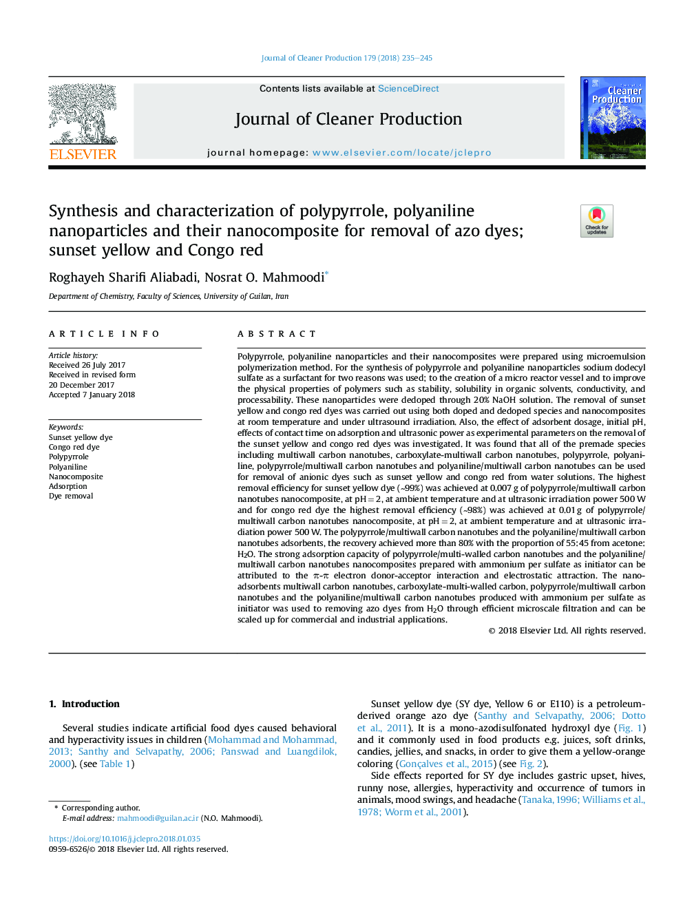 Synthesis and characterization of polypyrrole, polyaniline nanoparticles and their nanocomposite for removal of azo dyes; sunset yellow and Congo red