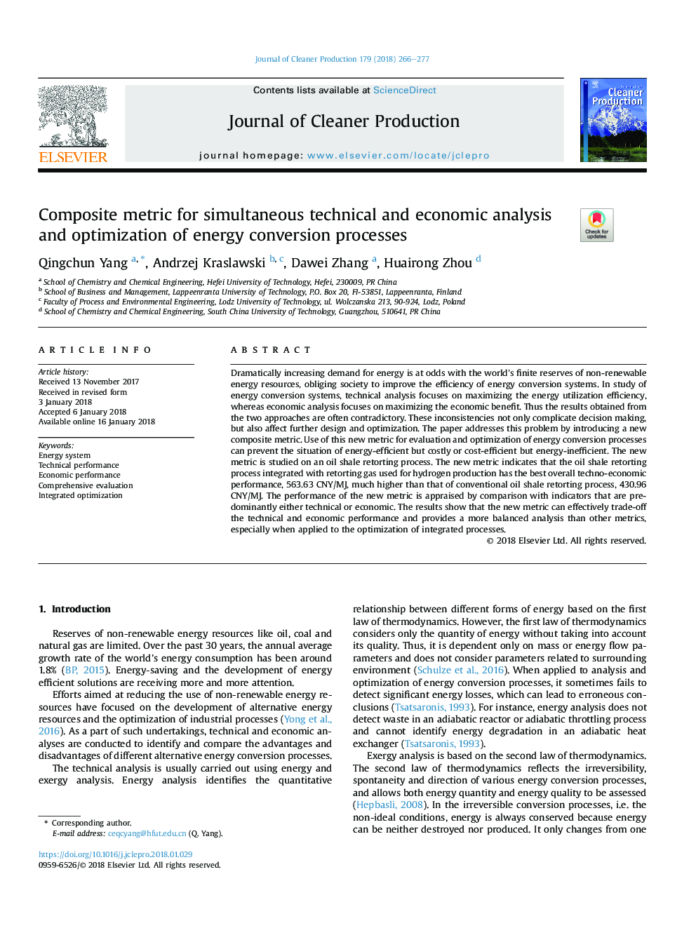 Composite metric for simultaneous technical and economic analysis and optimization of energy conversion processes