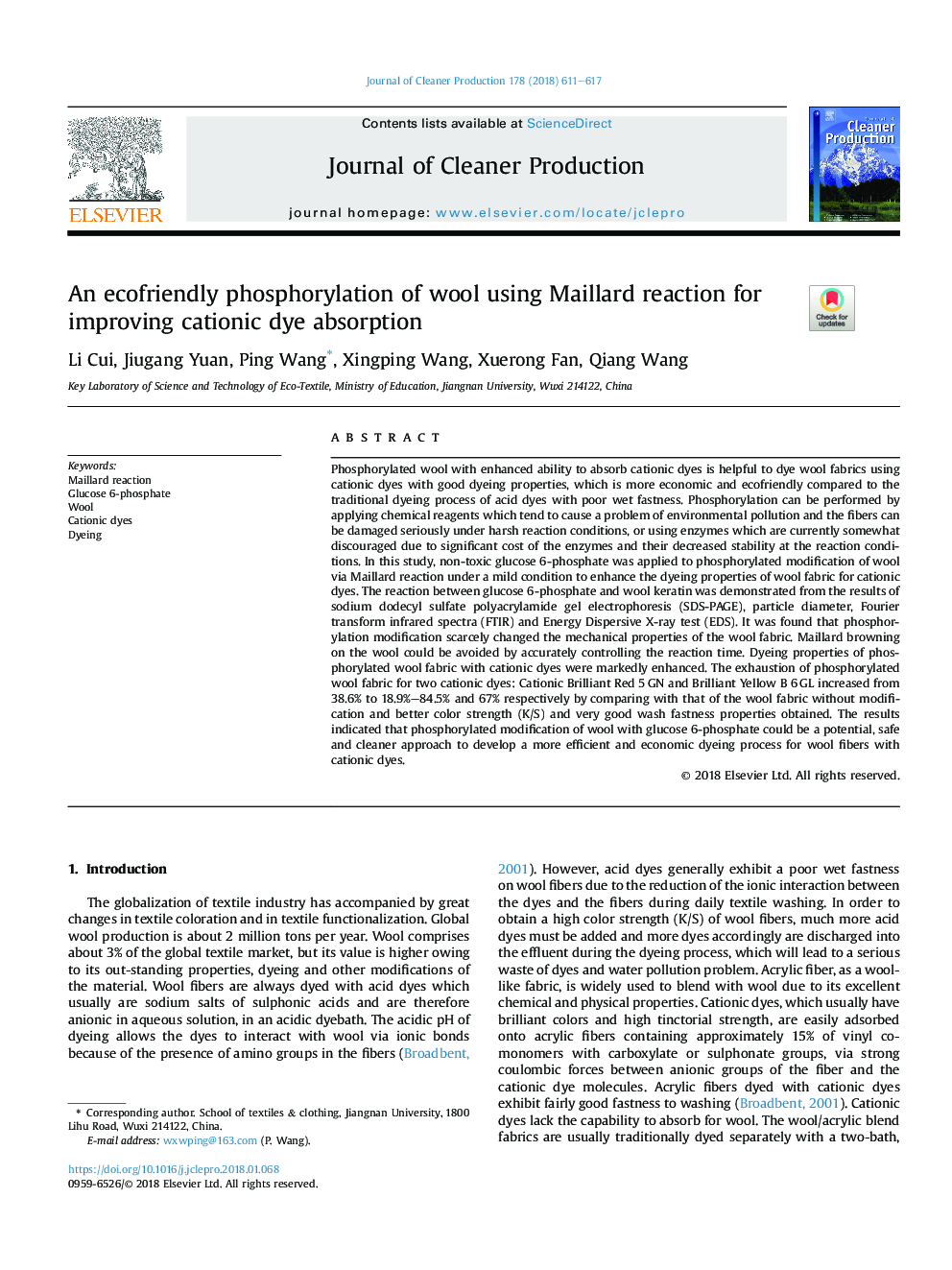 An ecofriendly phosphorylation of wool using Maillard reaction for improving cationic dye absorption