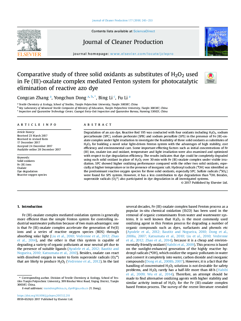 Comparative study of three solid oxidants as substitutes of H2O2 used in Fe (III)-oxalate complex mediated Fenton system for photocatalytic elimination of reactive azo dye