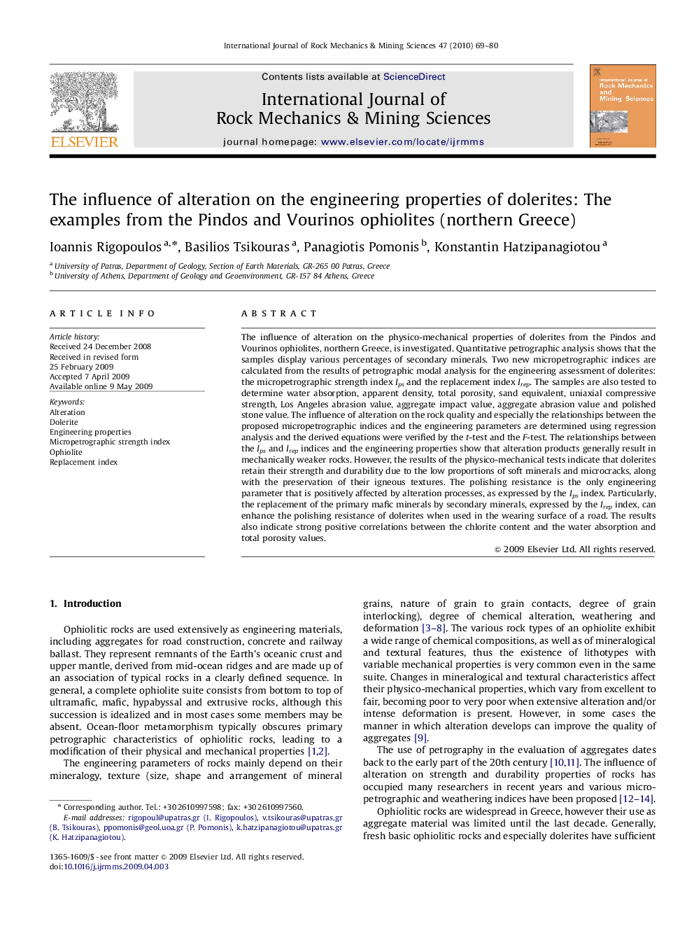 The influence of alteration on the engineering properties of dolerites: The examples from the Pindos and Vourinos ophiolites (northern Greece)