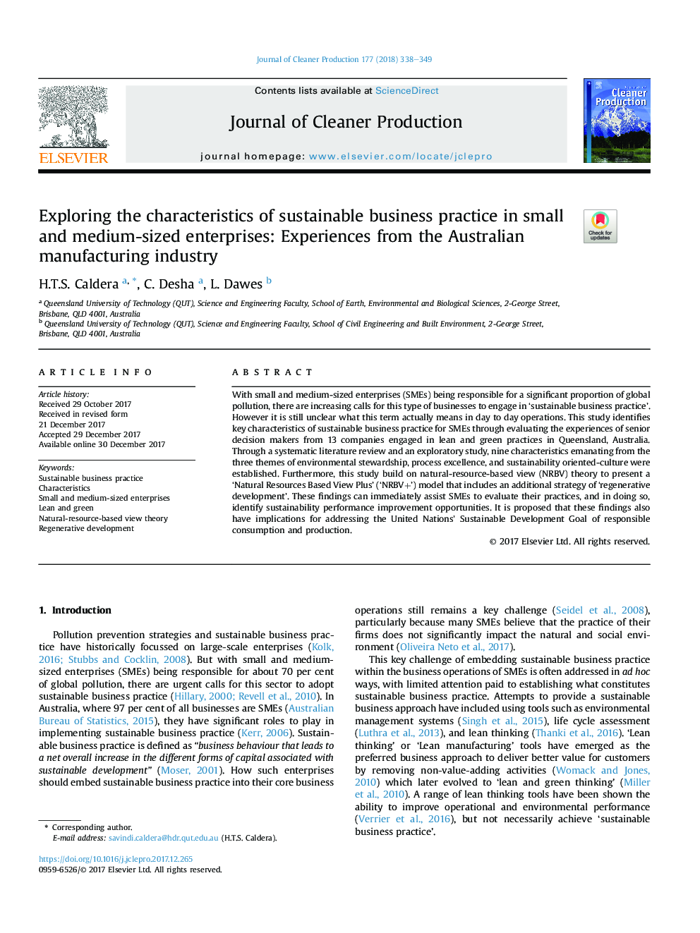 Exploring the characteristics of sustainable business practice in small and medium-sized enterprises: Experiences from the Australian manufacturing industry