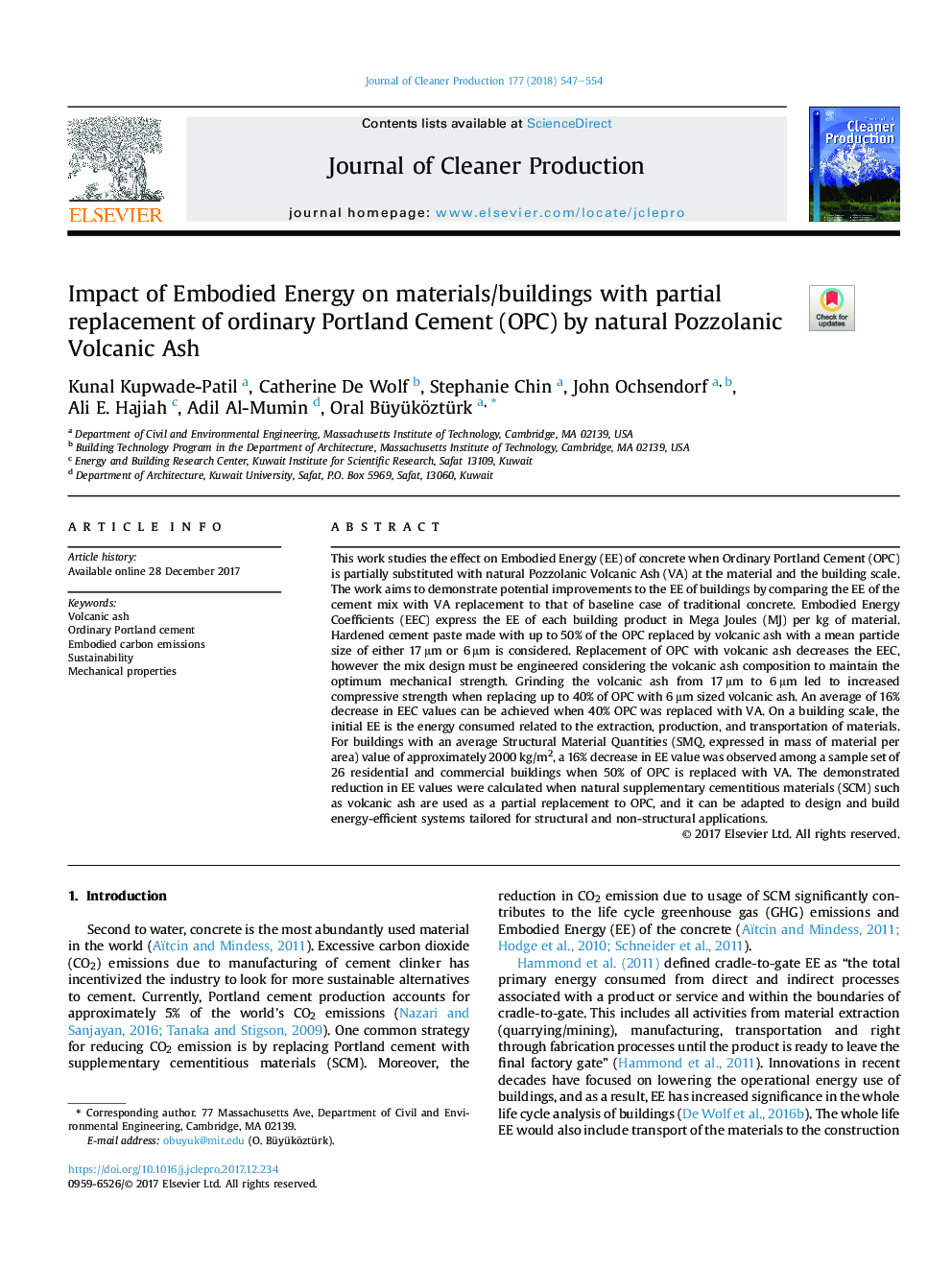 Impact of Embodied Energy on materials/buildings with partial replacement of ordinary Portland Cement (OPC) by natural Pozzolanic Volcanic Ash