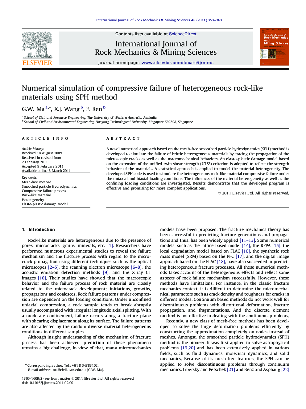 Numerical simulation of compressive failure of heterogeneous rock-like materials using SPH method