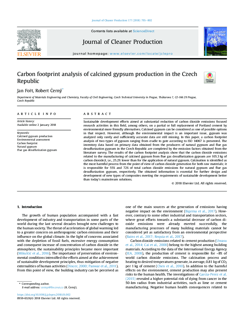 Carbon footprint analysis of calcined gypsum production in the Czech Republic