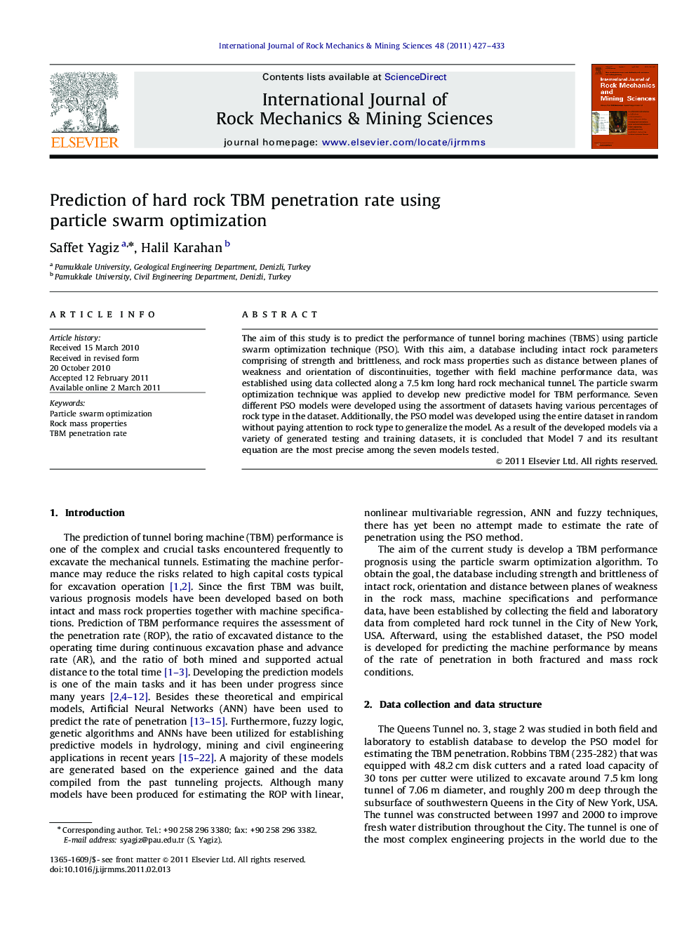 Prediction of hard rock TBM penetration rate using particle swarm optimization