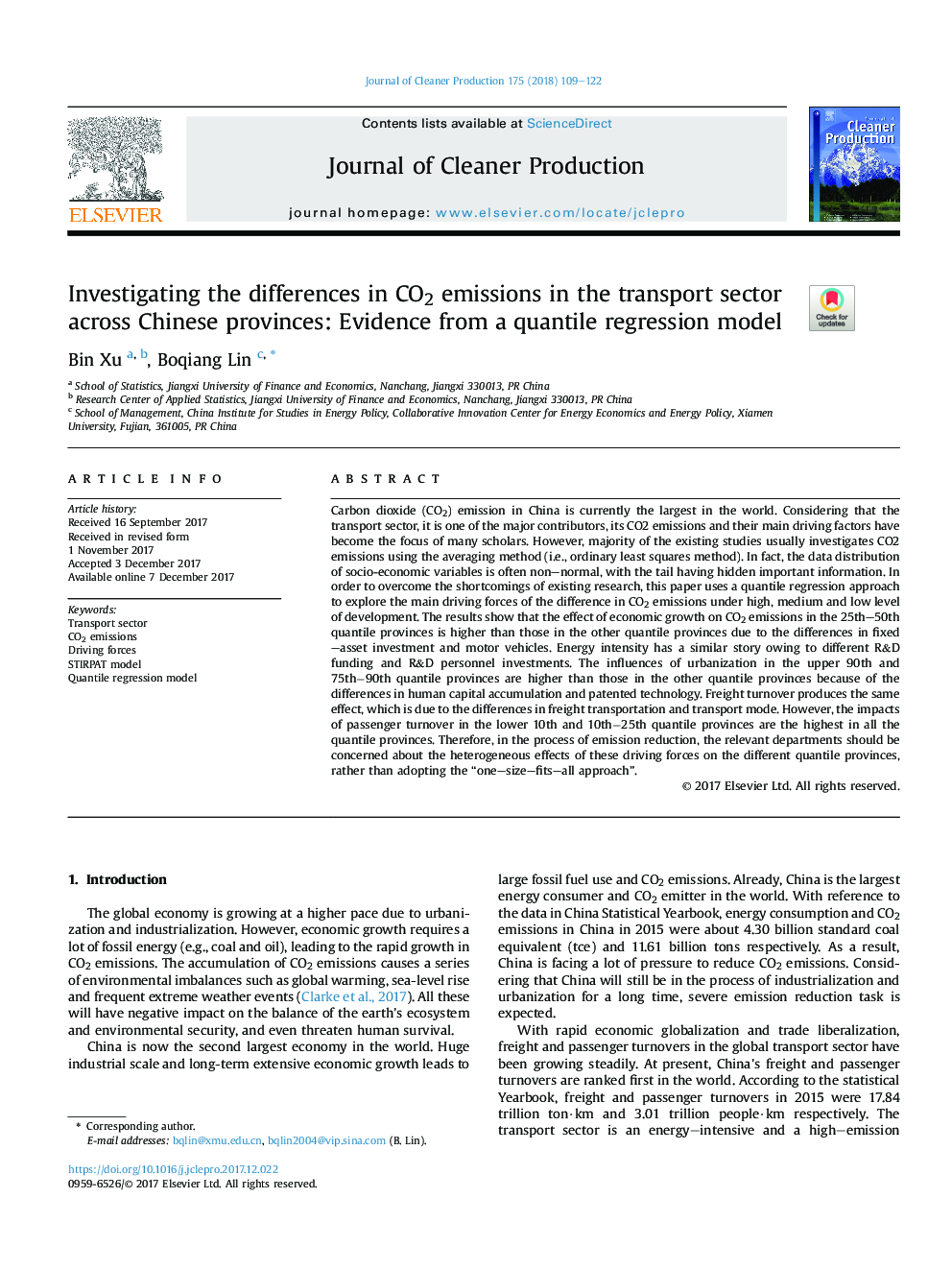 Investigating the differences in CO2 emissions in the transport sector across Chinese provinces: Evidence from a quantile regression model