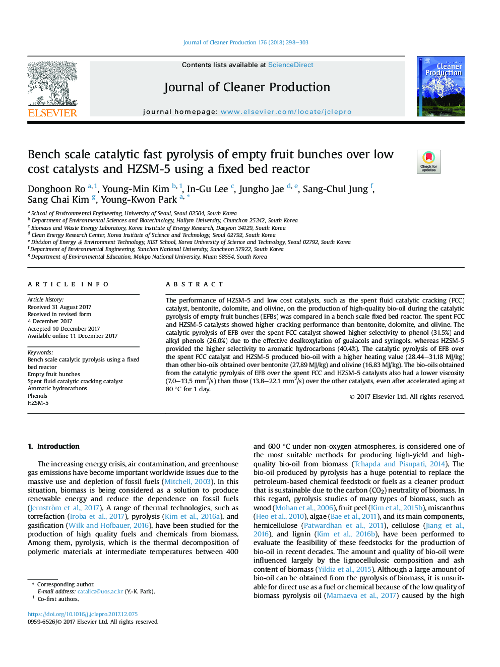 Bench scale catalytic fast pyrolysis of empty fruit bunches over low cost catalysts and HZSM-5 using a fixed bed reactor