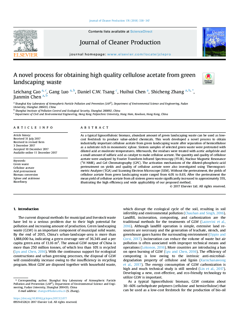 A novel process for obtaining high quality cellulose acetate from green landscaping waste