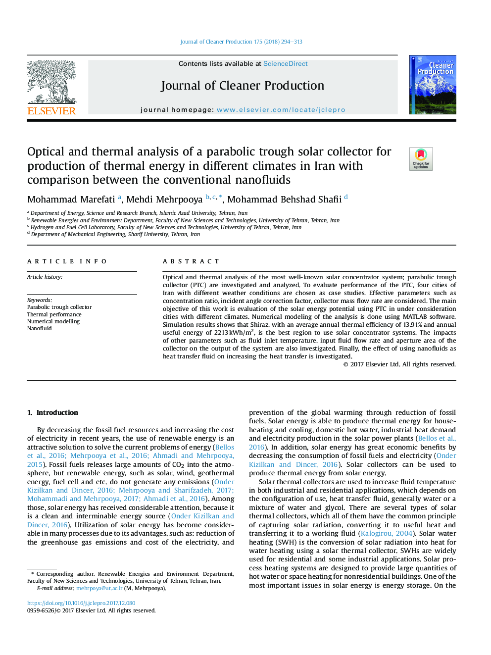 تجزیه و تحلیل نوری و حرارتی از یک جمع کننده خورشیدی پارابولیکی برای تولید انرژی حرارتی در اقلیم های مختلف در ایران با مقایسه نانوفیلد های معمولی 