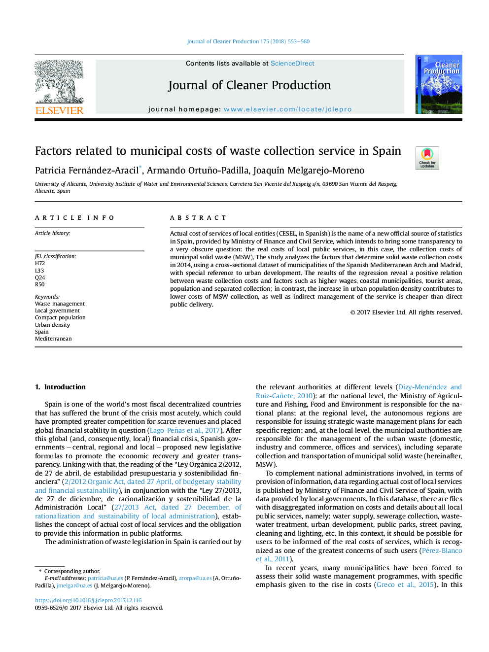 Factors related to municipal costs of waste collection service in Spain