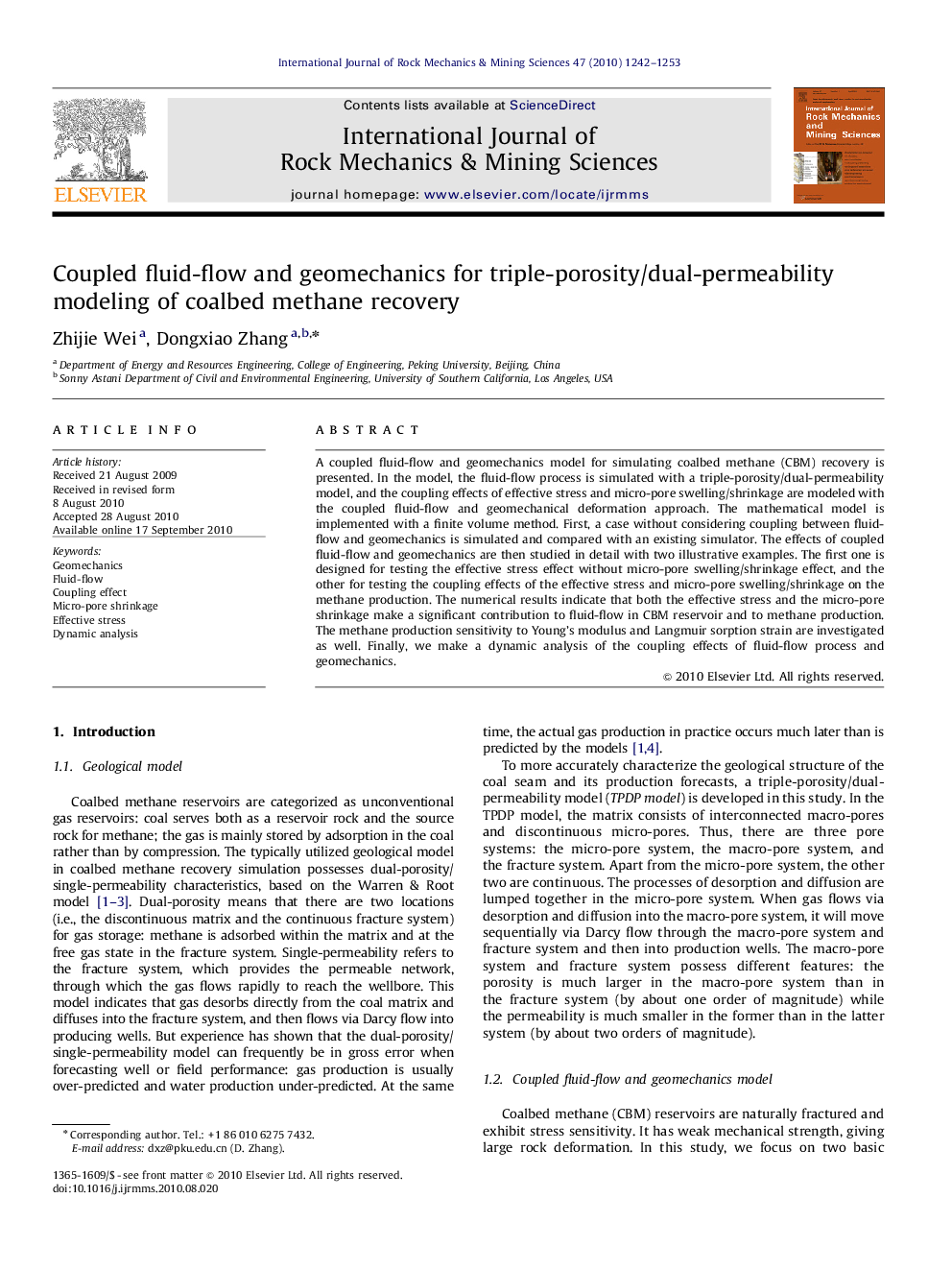 Coupled fluid-flow and geomechanics for triple-porosity/dual-permeability modeling of coalbed methane recovery