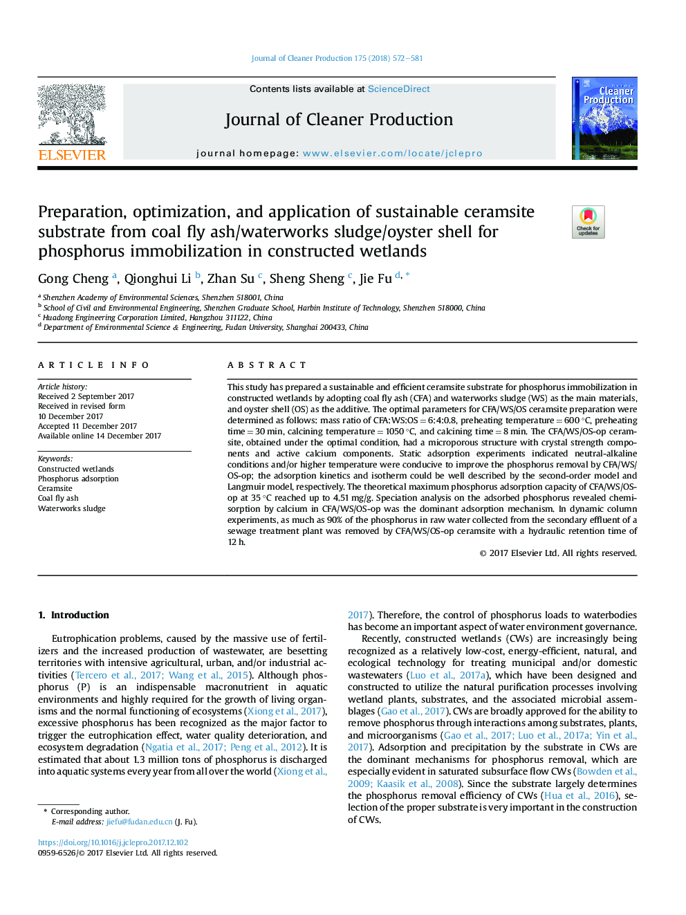 Preparation, optimization, and application of sustainable ceramsite substrate from coal fly ash/waterworks sludge/oyster shell for phosphorus immobilization in constructed wetlands