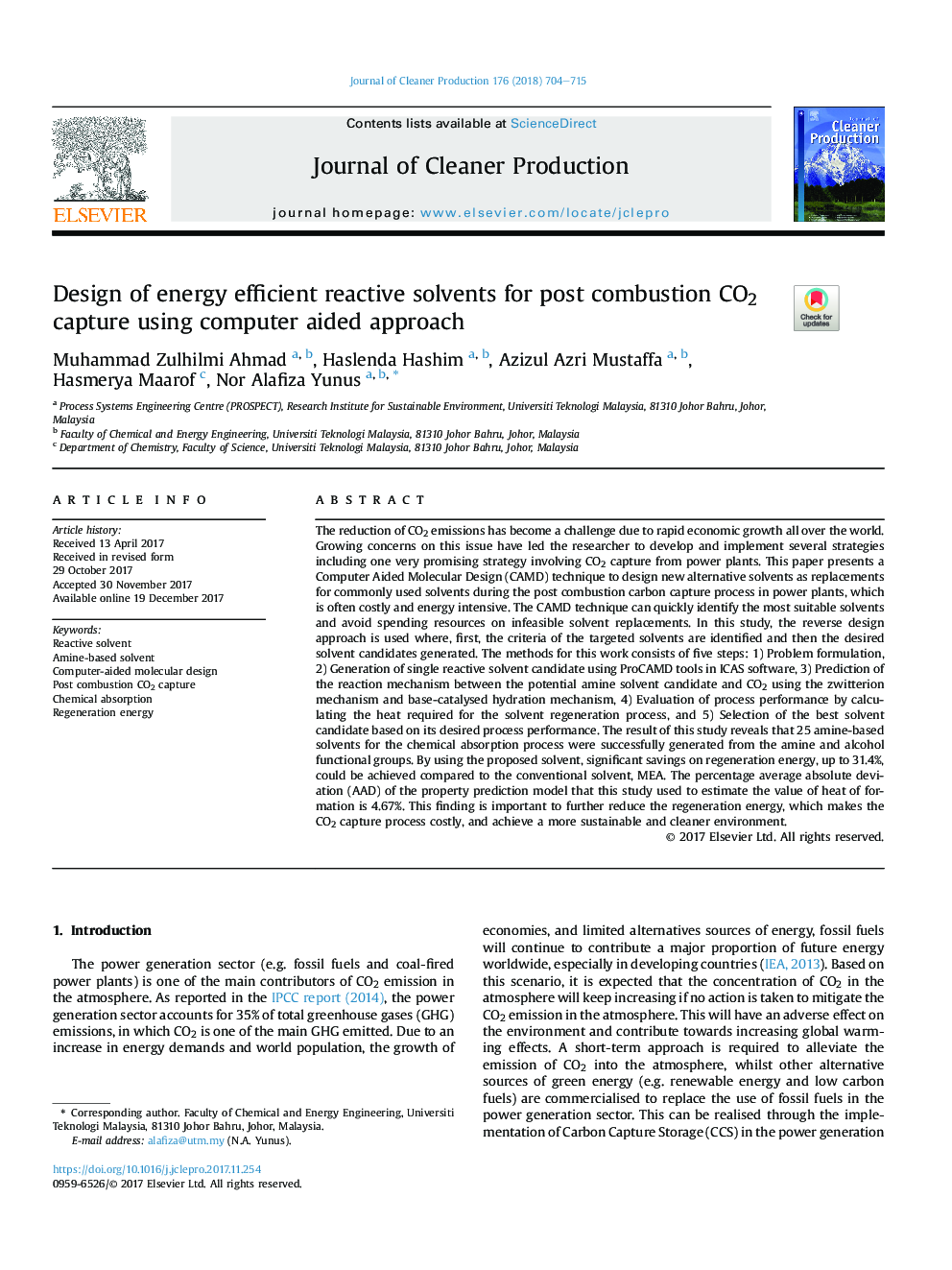 Design of energy efficient reactive solvents for post combustion CO2 capture using computer aided approach