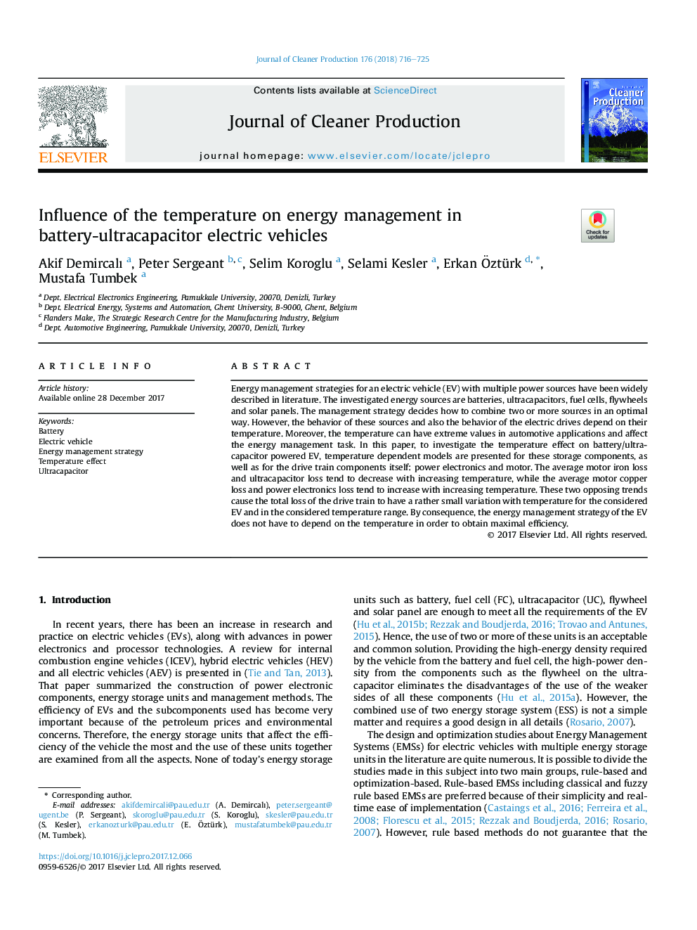 Influence of the temperature on energy management in battery-ultracapacitor electric vehicles