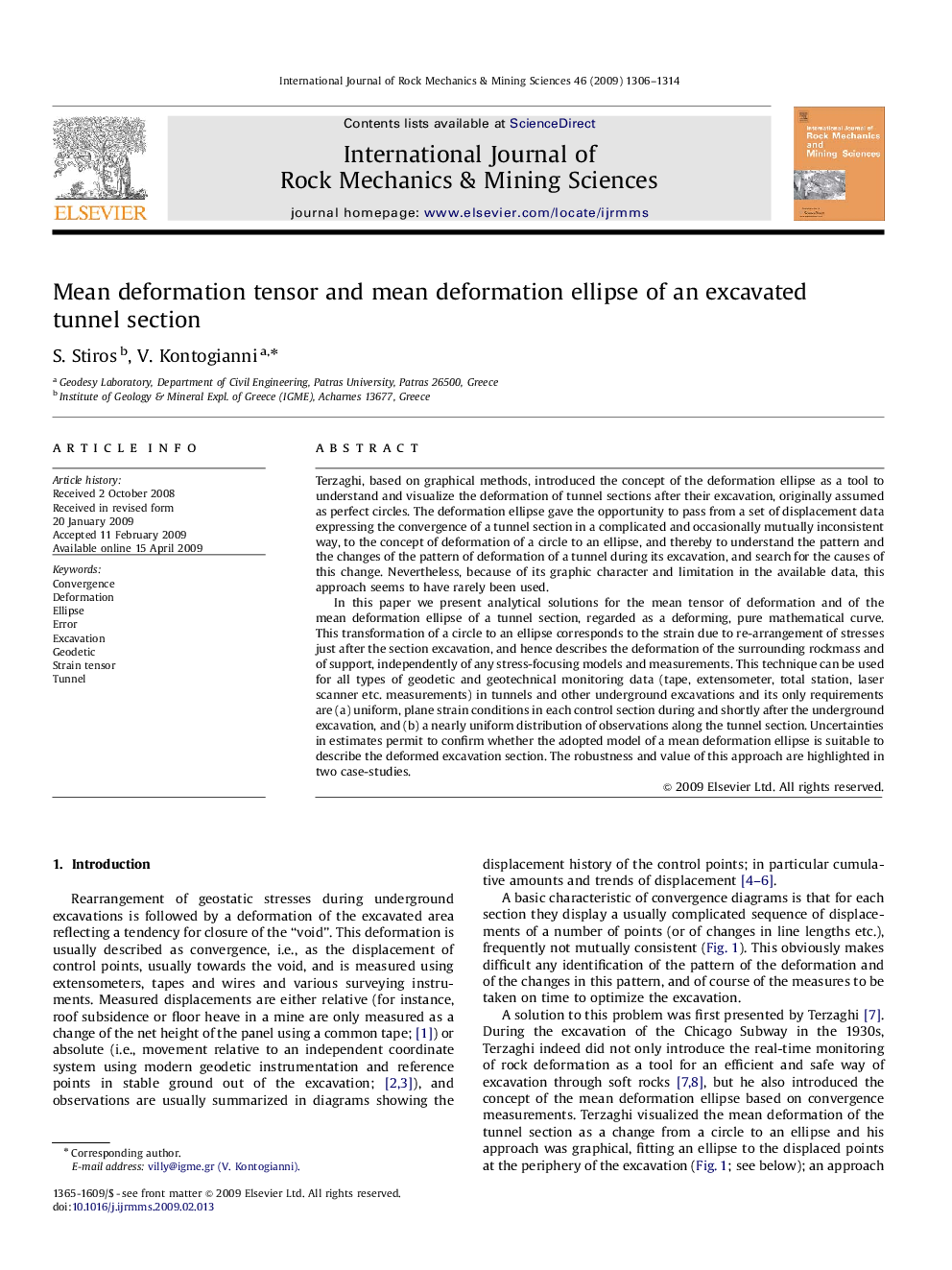 Mean deformation tensor and mean deformation ellipse of an excavated tunnel section