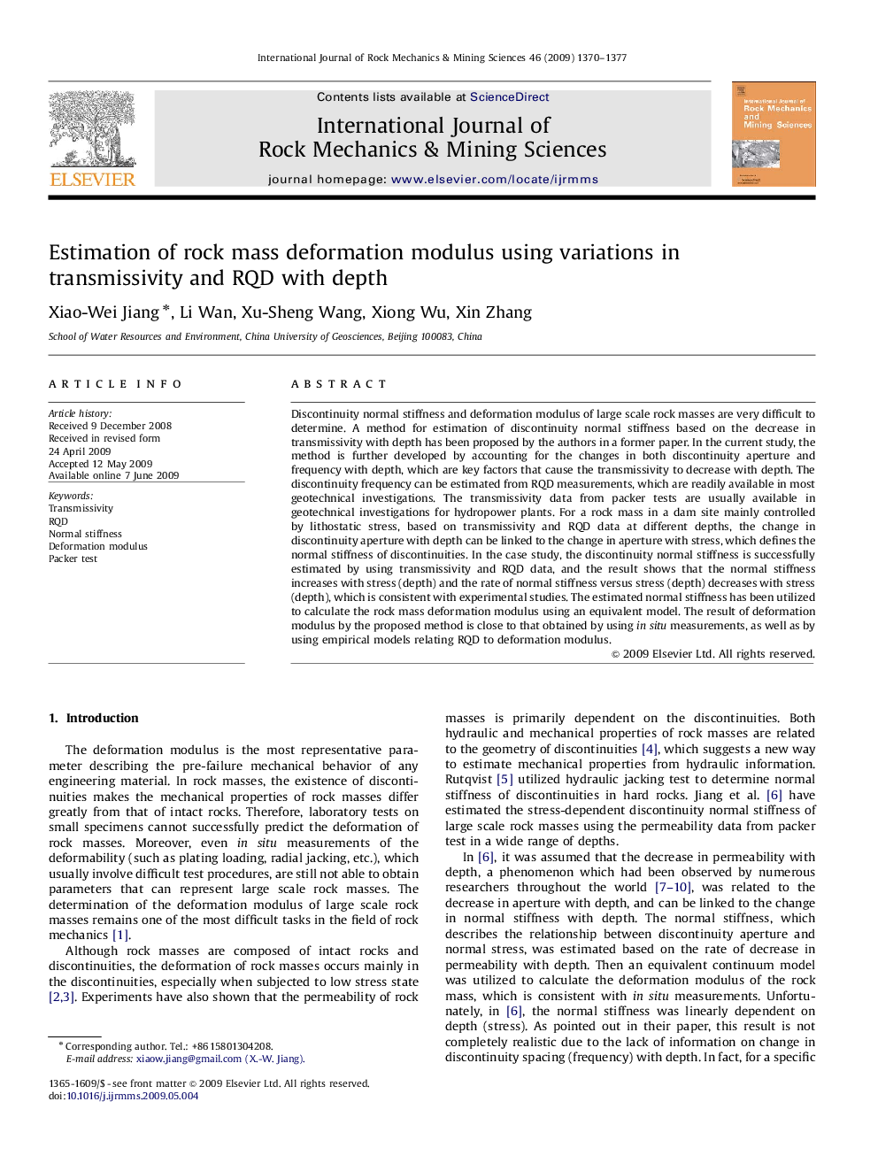 Estimation of rock mass deformation modulus using variations in transmissivity and RQD with depth