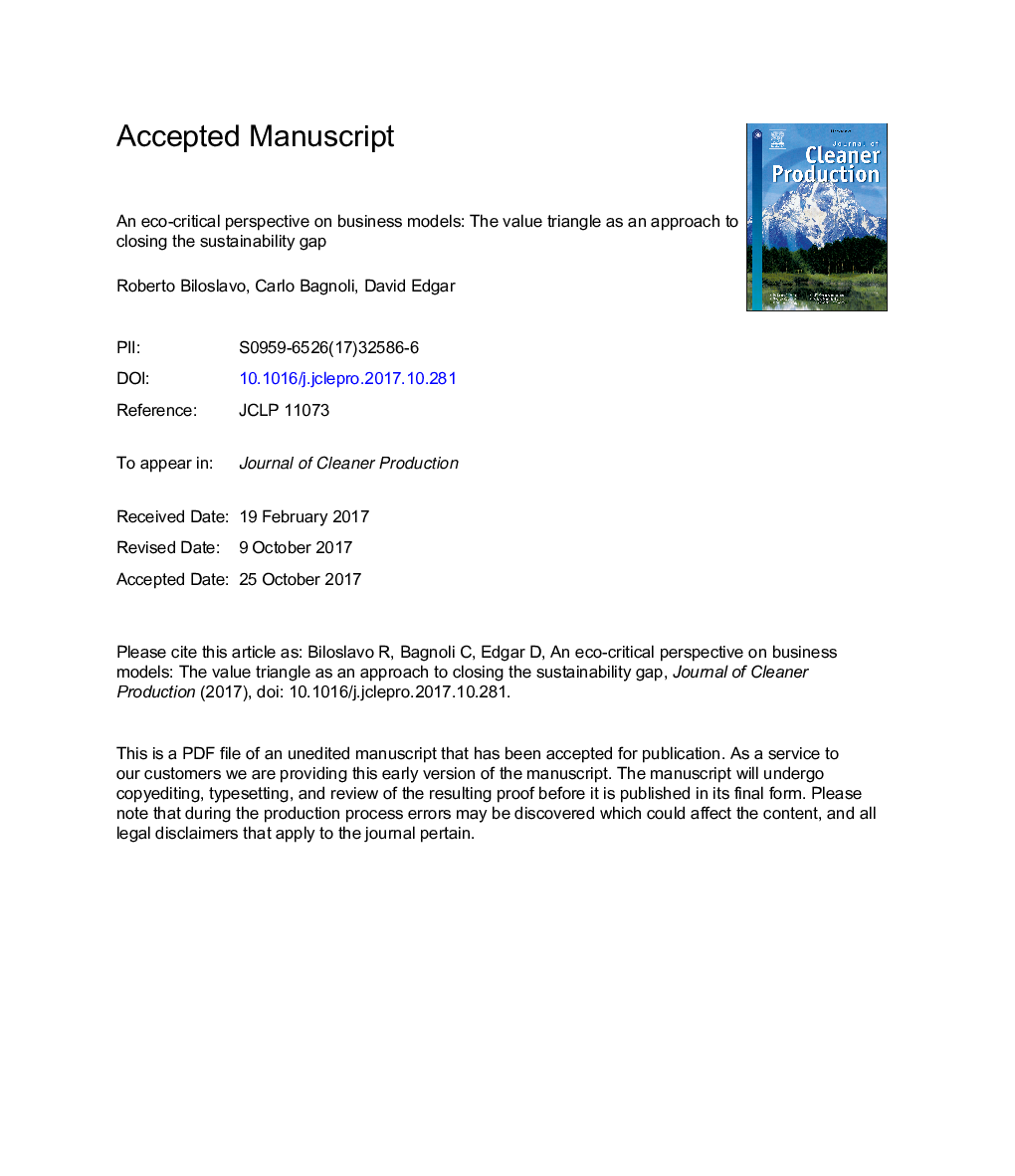 An eco-critical perspective on business models: The value triangle as an approach to closing the sustainability gap