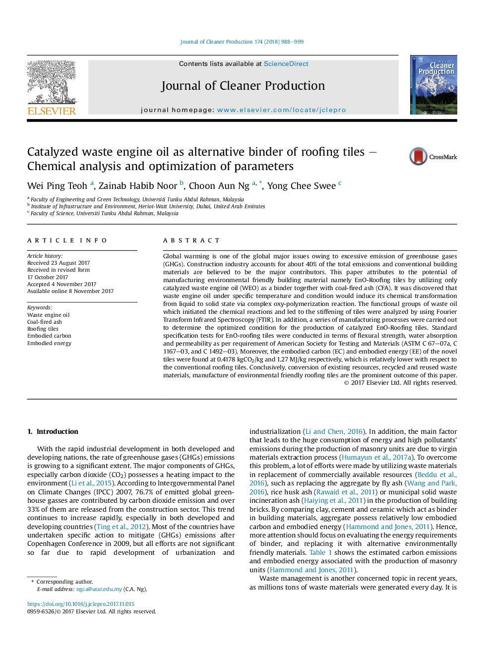 Catalyzed waste engine oil as alternative binder of roofing tiles - Chemical analysis and optimization of parameters