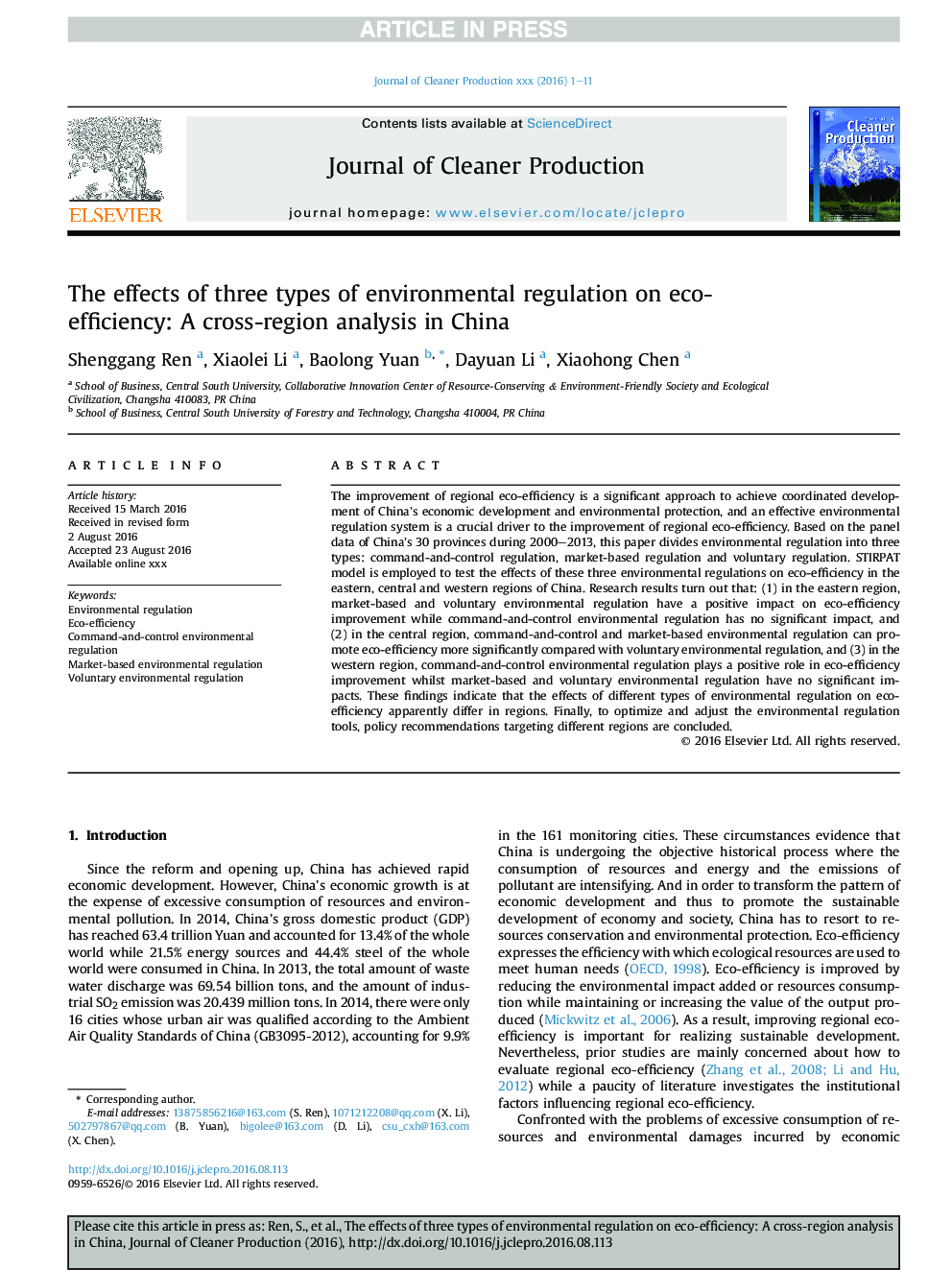 The effects of three types of environmental regulation on eco-efficiency: A cross-region analysis in China