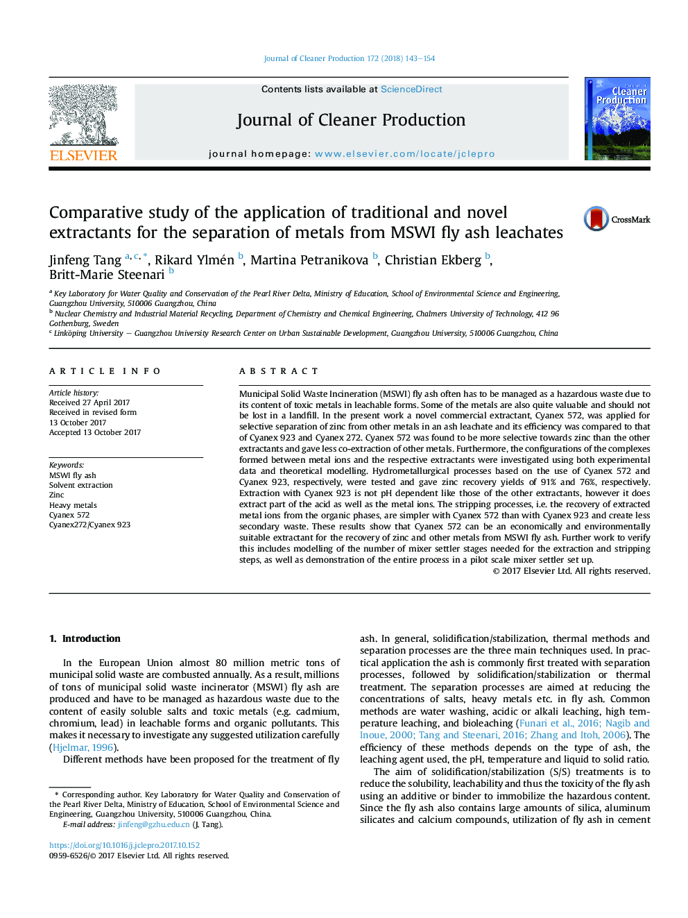 Comparative study of the application of traditional and novel extractants for the separation of metals from MSWI fly ash leachates