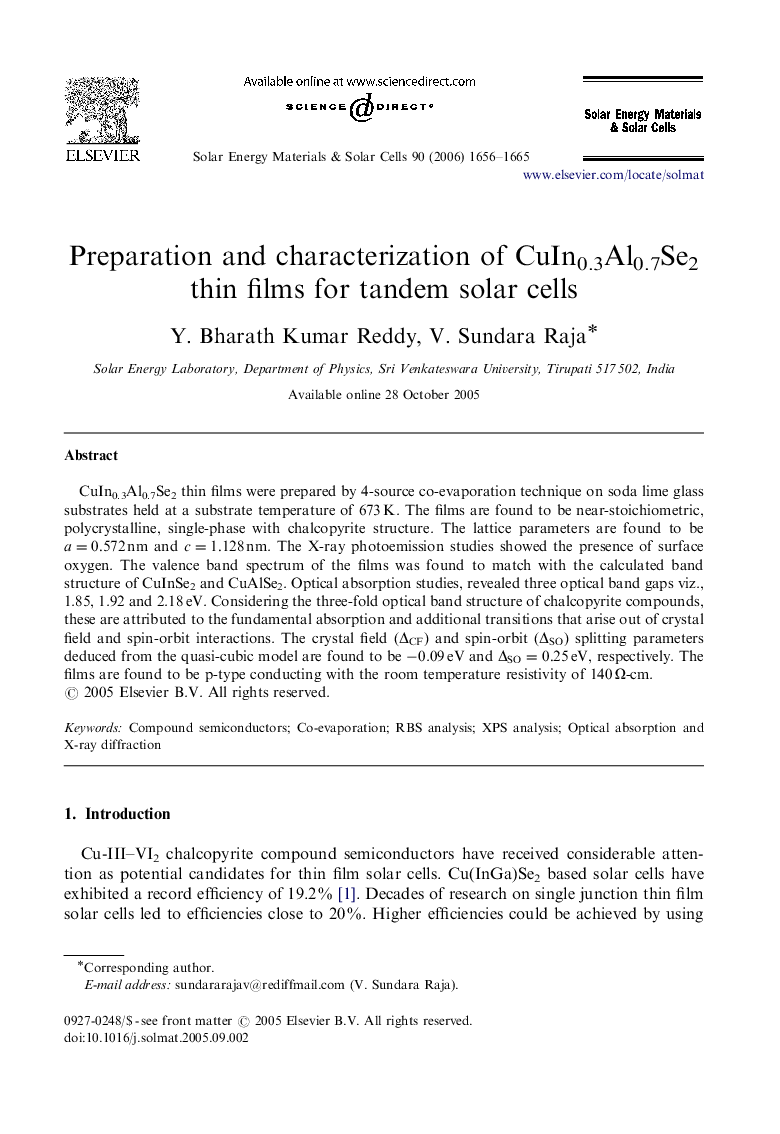 Preparation and characterization of CuIn0.3Al0.7Se2 thin films for tandem solar cells