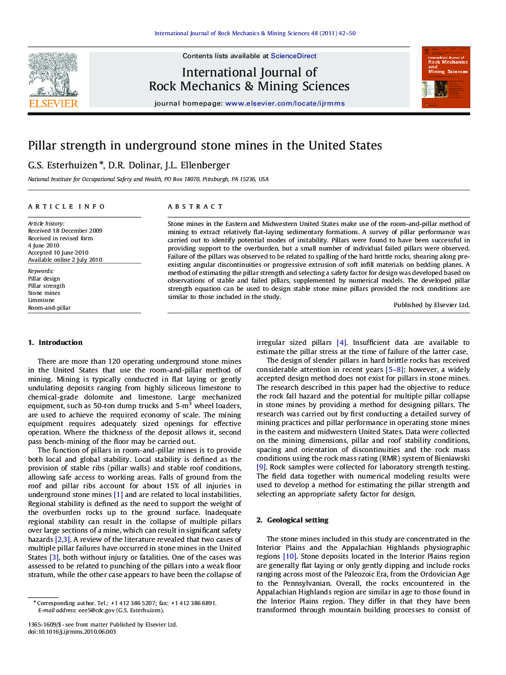 Pillar strength in underground stone mines in the United States